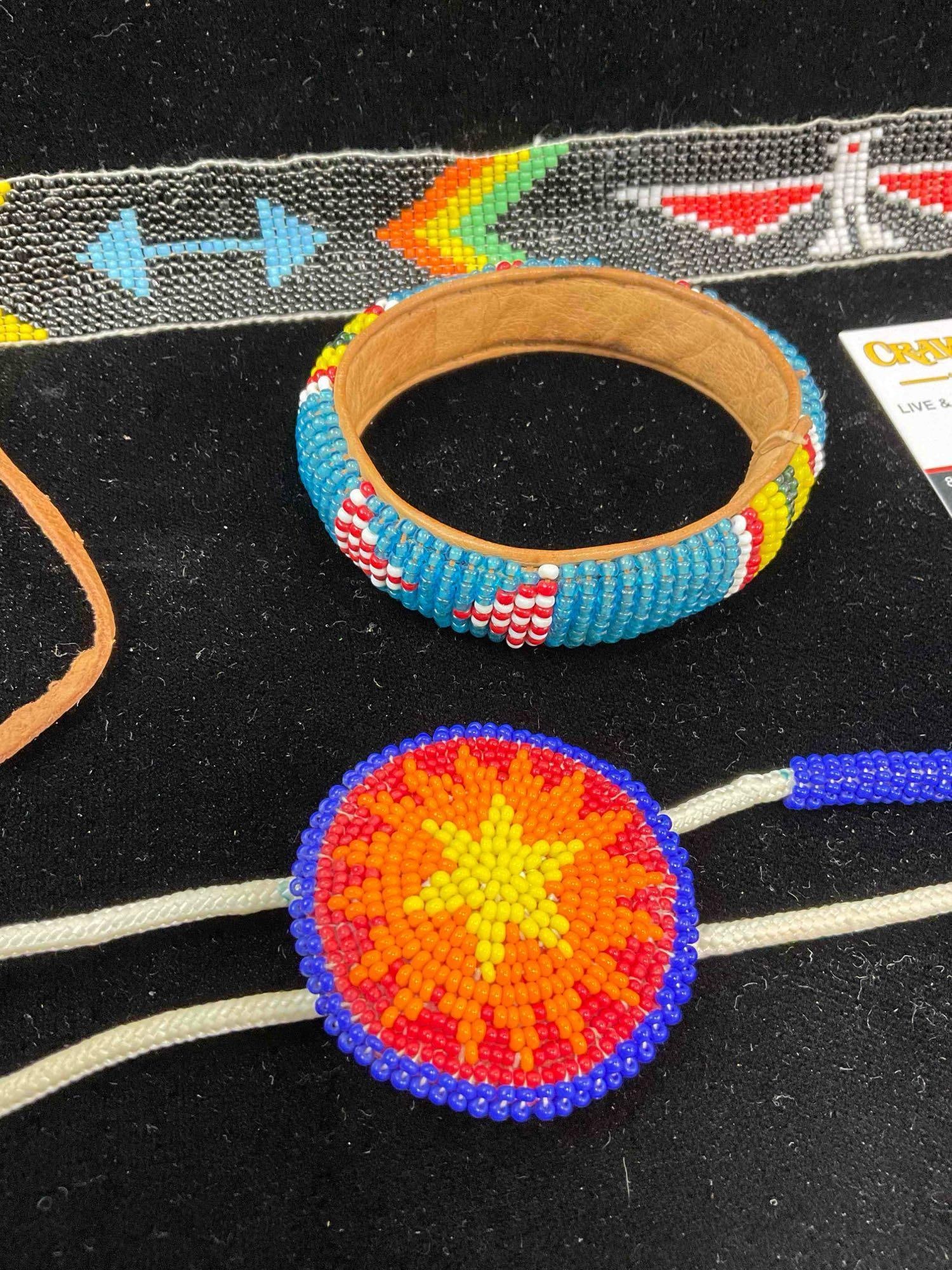 3 pcs Vintage Native American Beadwork, incl. Medallion, Bracelet & Headband. See pics. - 3