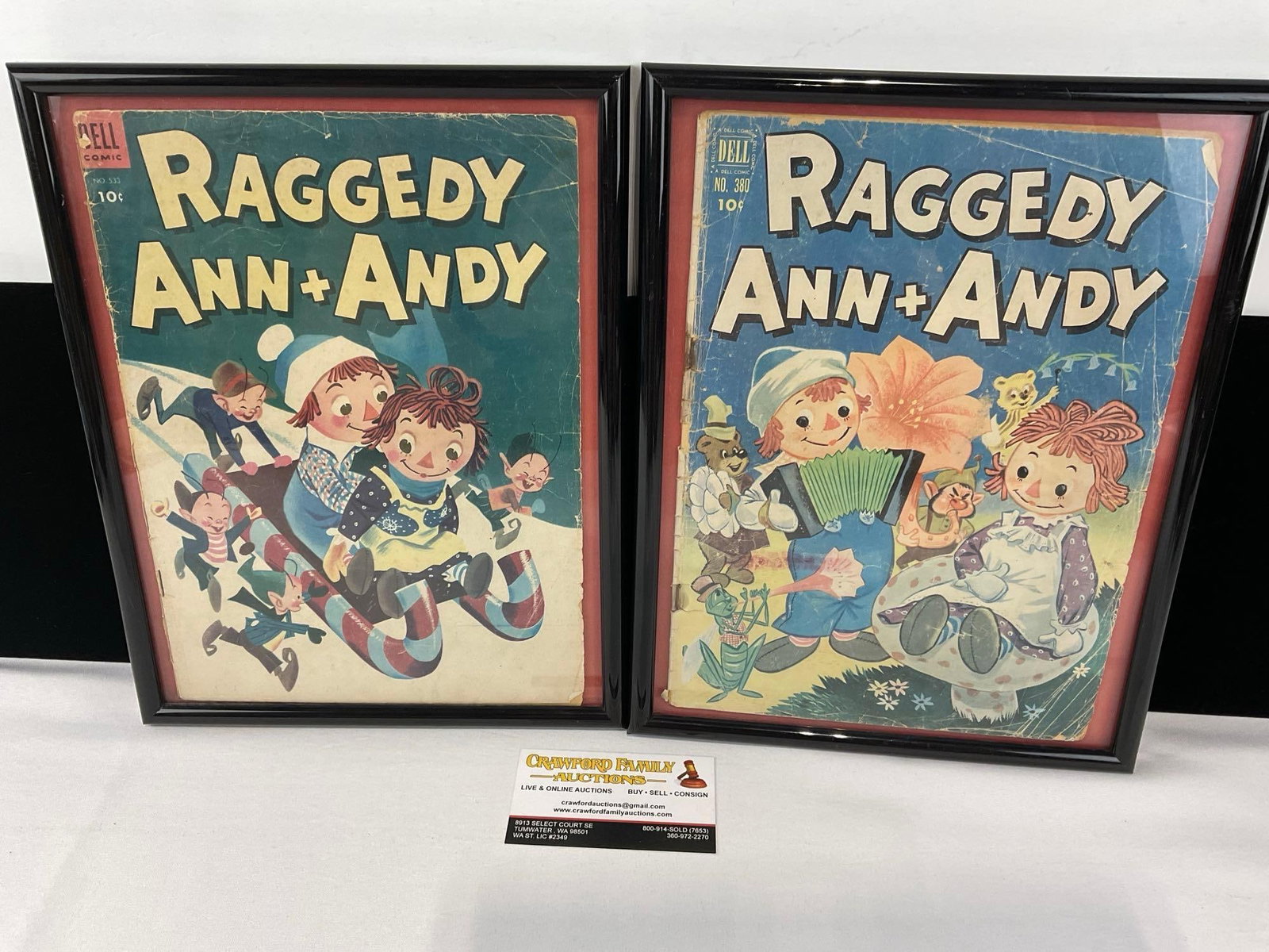 Pair of Framed Dell Comics Raggedy Ann & Andy Comic Books, Issue 380 & 533: Appears to be in fair to good shape, shows some wear on both comics. The piece measures approx 12h x 10w x 3d inches. See pics. E-6600