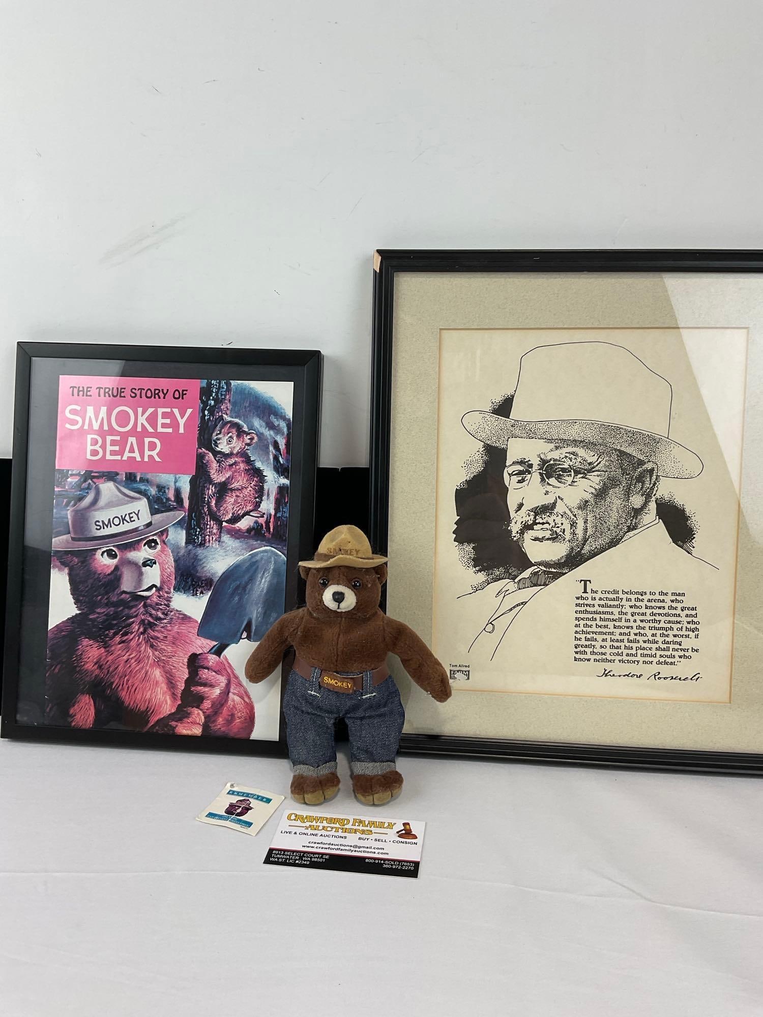The True Story of Smokey Bear w/Smokey Bear Plush, Framed Teddy Roosevelt Quote & Illustration 14...: Appears to be in good shape. The piece measures approx 14h x 12w x 4d inches. See pics. E-6600