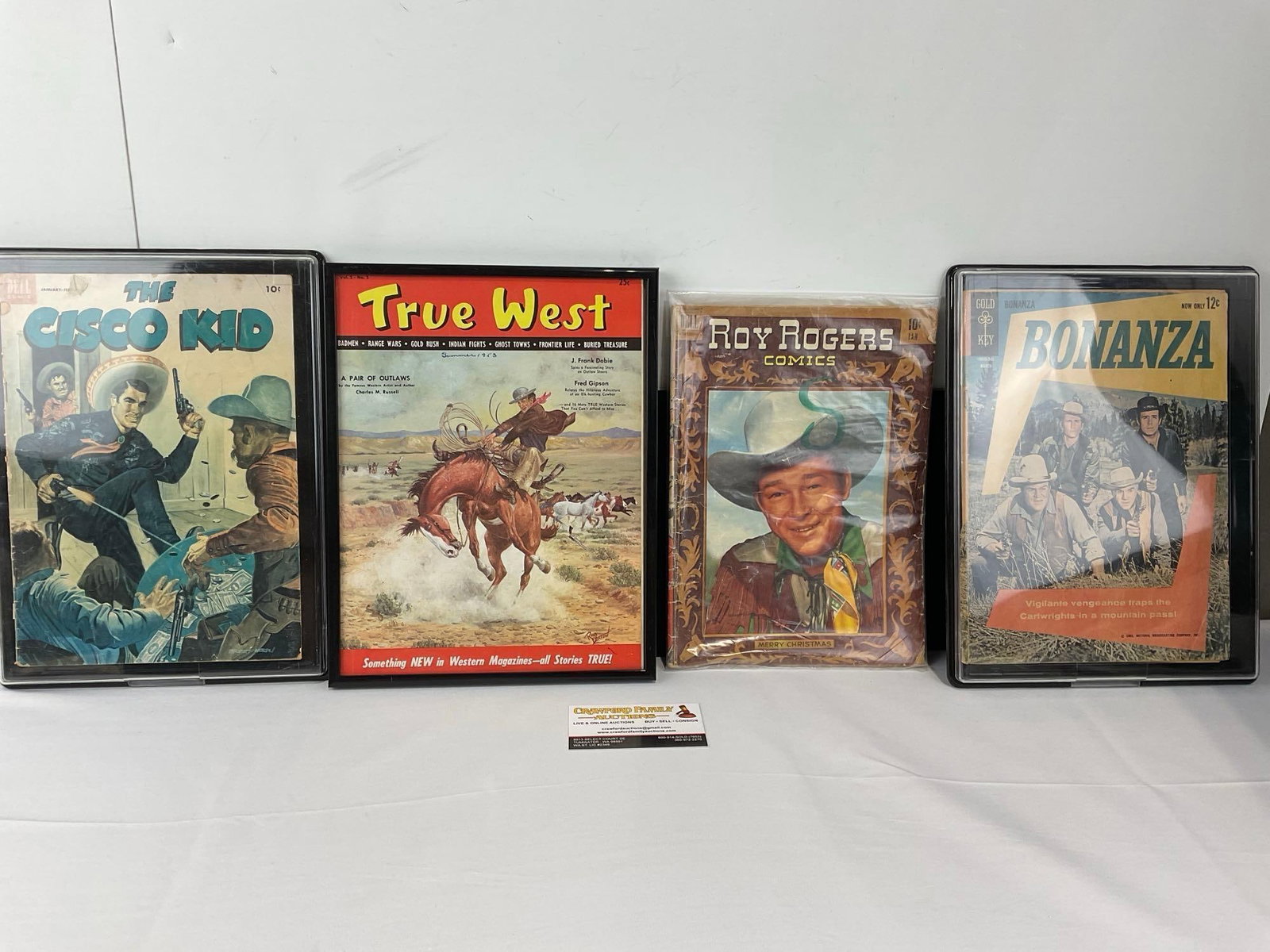 4 Vintage Cowboy Comics, The Cisco Kid, True West Summer 1953, Roy Rogers & Bonanza March 1962: Appears to be in fair to good shape, some wear on each piece, 3 are framed. The pieces together measures approx 13h x 10w x 4d inches. See pics. E-6600