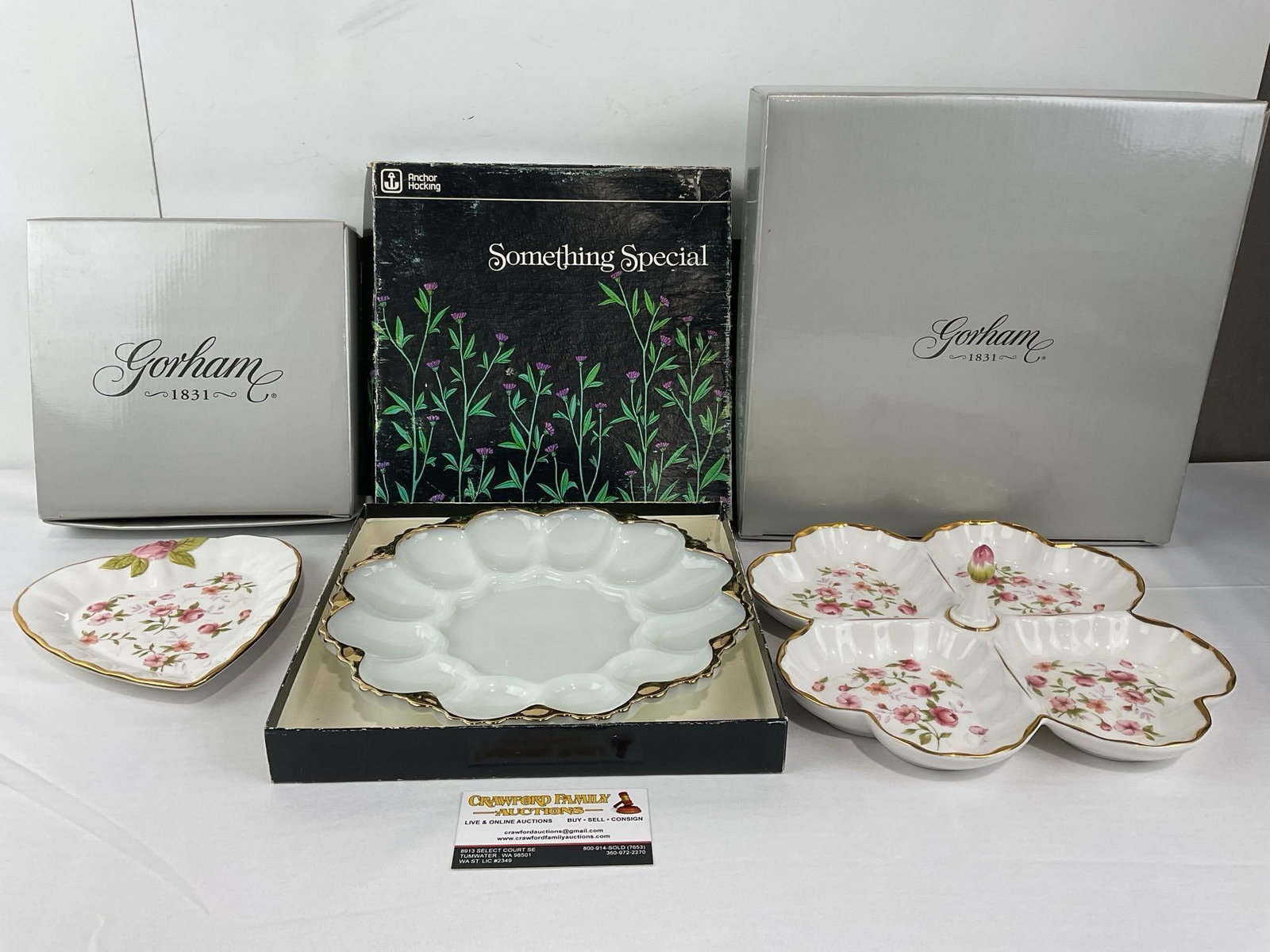 Anchor Hocking Milk Glass Oyster Plate, Gorham Forever Roses Heart Shaped Dish & Divided Plate: Appears to be in good shape. The three have the original boxes for the dishes, have been used previously. Approx 8h x 13w x 13d inches. See pics. E-6600