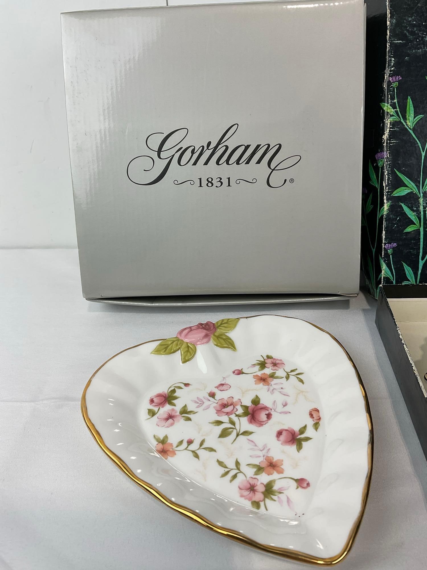 Anchor Hocking Milk Glass Oyster Plate, Gorham Forever Roses Heart Shaped Dish & Divided Plate - 2