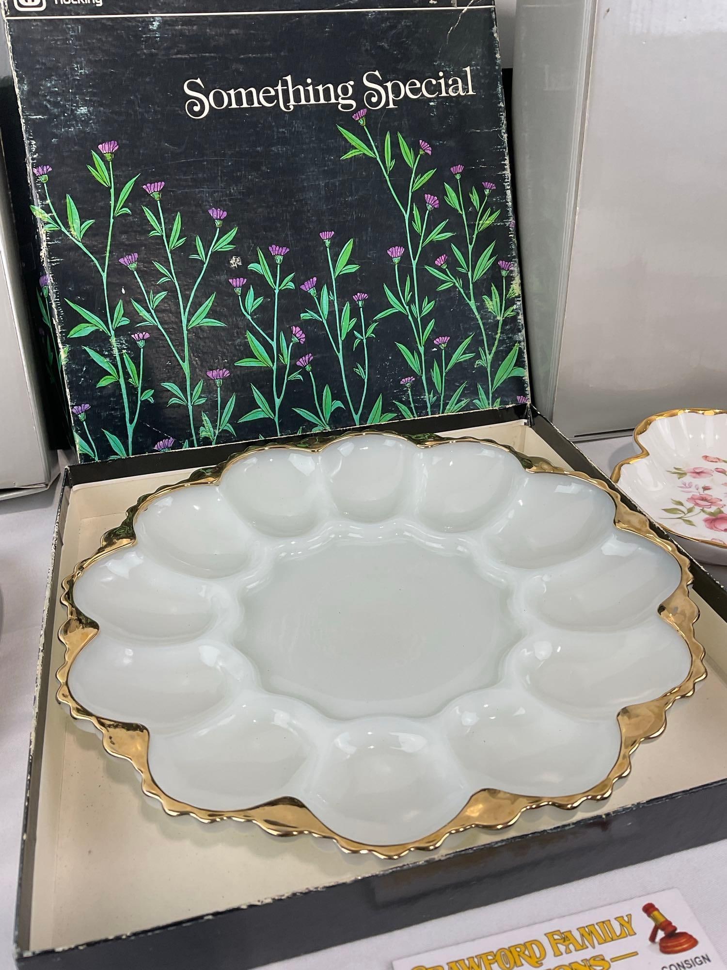 Anchor Hocking Milk Glass Oyster Plate, Gorham Forever Roses Heart Shaped Dish & Divided Plate - 3