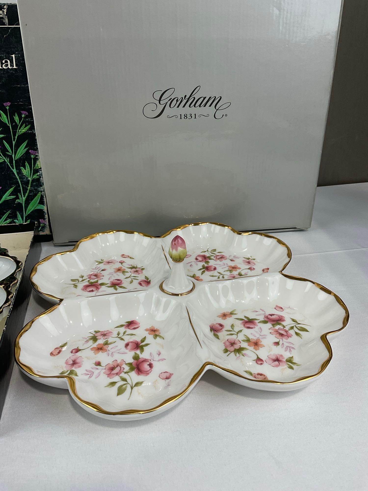 Anchor Hocking Milk Glass Oyster Plate, Gorham Forever Roses Heart Shaped Dish & Divided Plate - 4