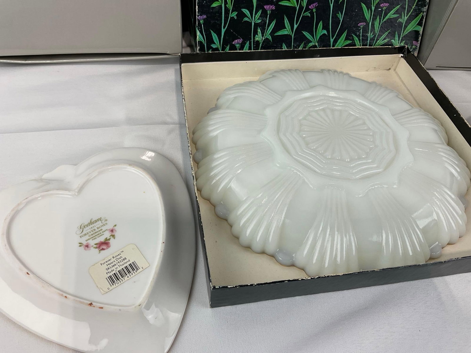 Anchor Hocking Milk Glass Oyster Plate, Gorham Forever Roses Heart Shaped Dish & Divided Plate - 5