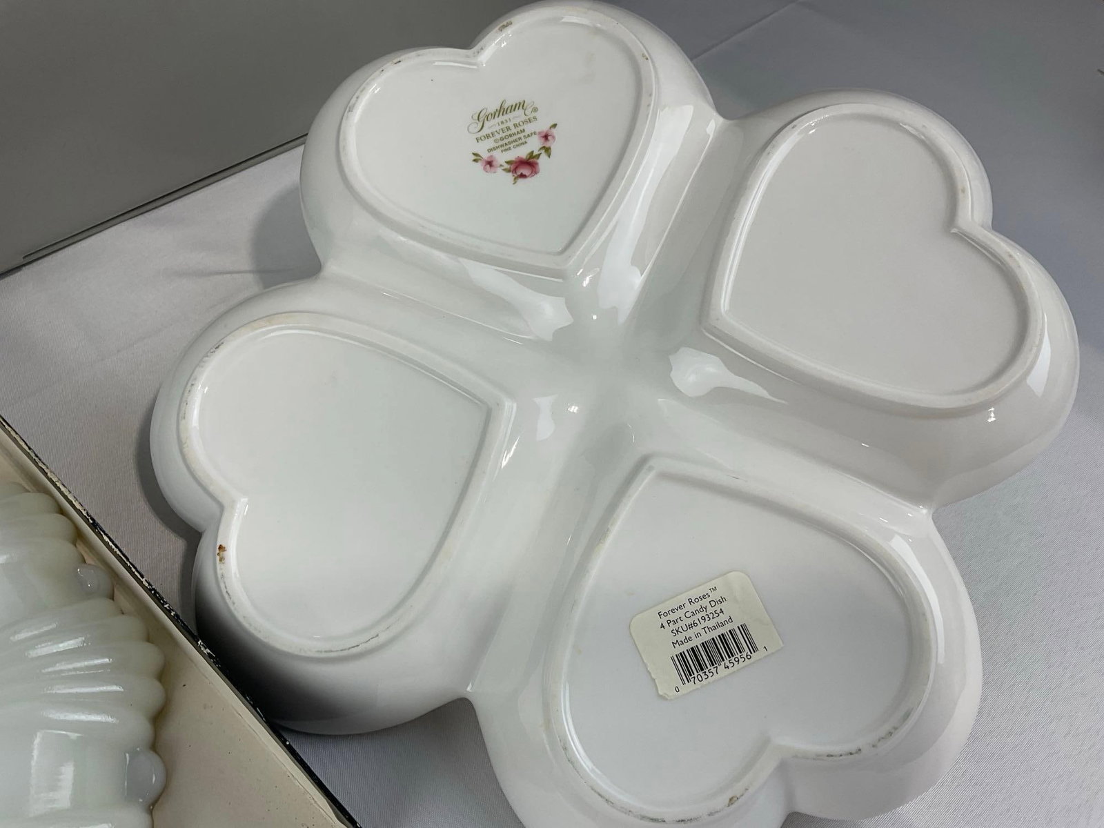 Anchor Hocking Milk Glass Oyster Plate, Gorham Forever Roses Heart Shaped Dish & Divided Plate - 6
