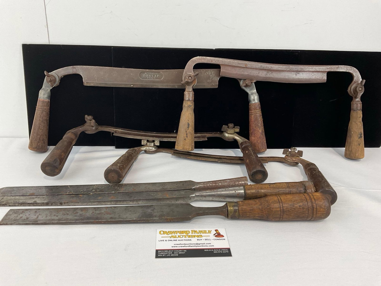 3 L. & I.J.White 1837 Iron Chisels, 4 Folding Draw Knives, 2x A.J. Wilkinson & Co., Dunlap & P.S &W: Appears to be in good shape. The pieces together measures approx 6h x 18w x 11d inches. See pics. E-6600