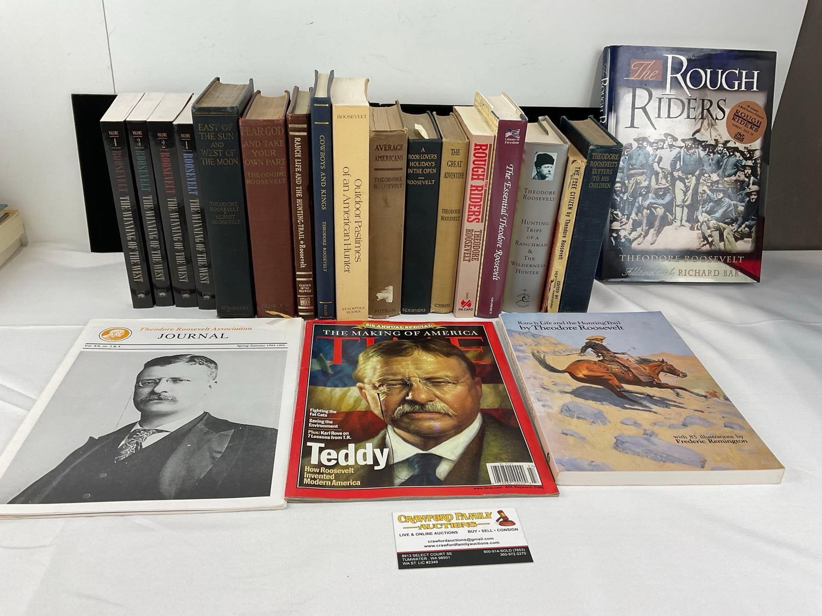Vintage Collection of Writings by & about Teddy Roosevelt, 18 Novels, & a few Magazines: Appears to be in good shape. The pieces together fit in a box measures approx 9h x 19w x 13d inches. See pics. E-6600
