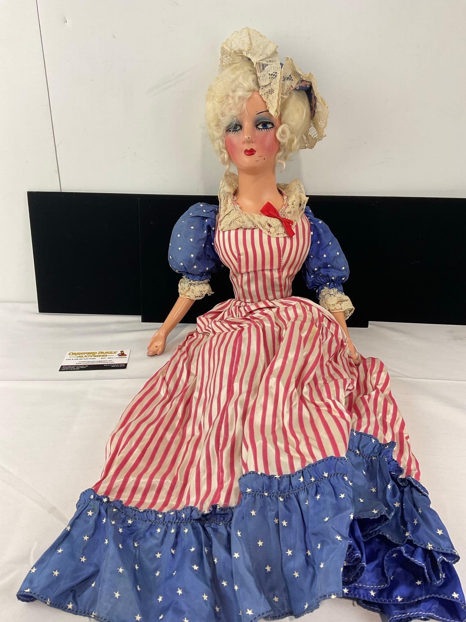 Early 20th Century Patriotic Boudoir Doll, Betsy Ross, 30 inches tall, Red/White/Blue Dress: Appears to be in good shape. The piece measures approx 16h x 9w x 7d inches. See pics. E-6430