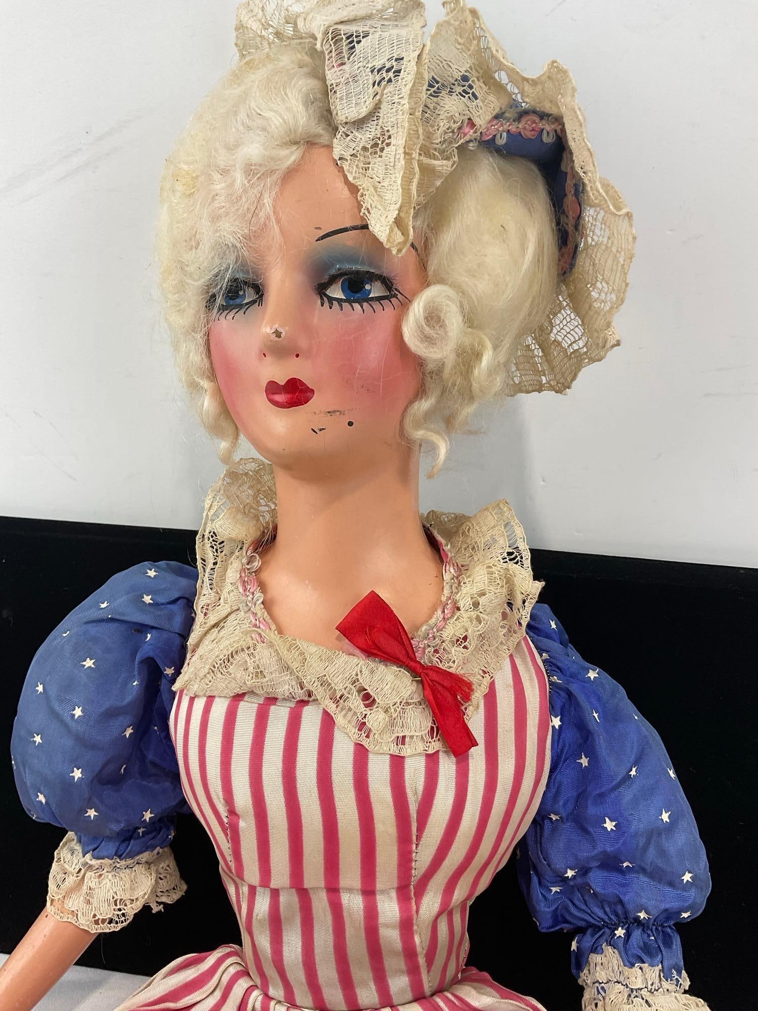 Early 20th Century Patriotic Boudoir Doll, Betsy Ross, 30 inches tall, Red/White/Blue Dress - 2