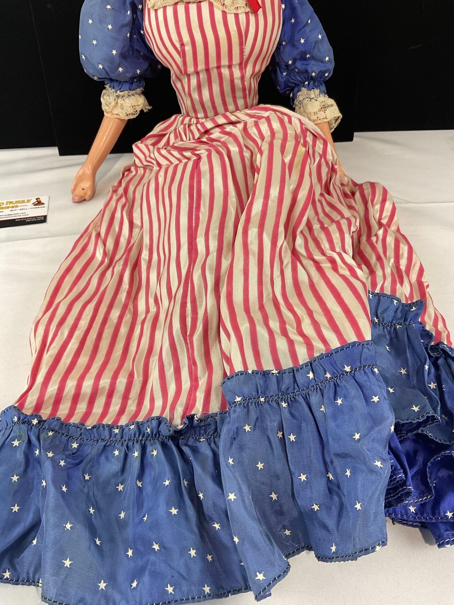 Early 20th Century Patriotic Boudoir Doll, Betsy Ross, 30 inches tall, Red/White/Blue Dress - 3