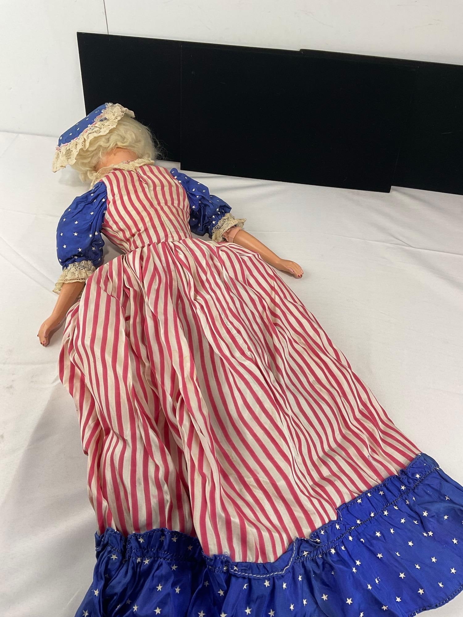 Early 20th Century Patriotic Boudoir Doll, Betsy Ross, 30 inches tall, Red/White/Blue Dress - 4