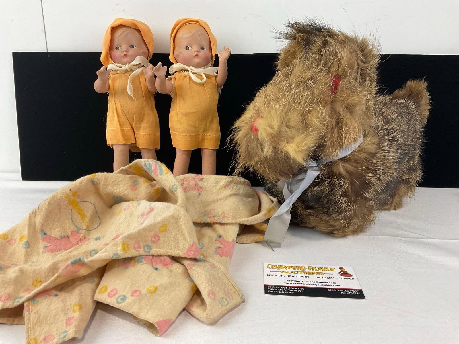 Pair of Composite Baby Dolls, w/Blankets, & Vintage Rabbit/Mohair Fur Dog Toy: Appears to be in good shape. The piece measures approx 9h x 9w x 12d inches. See pics. E-6430