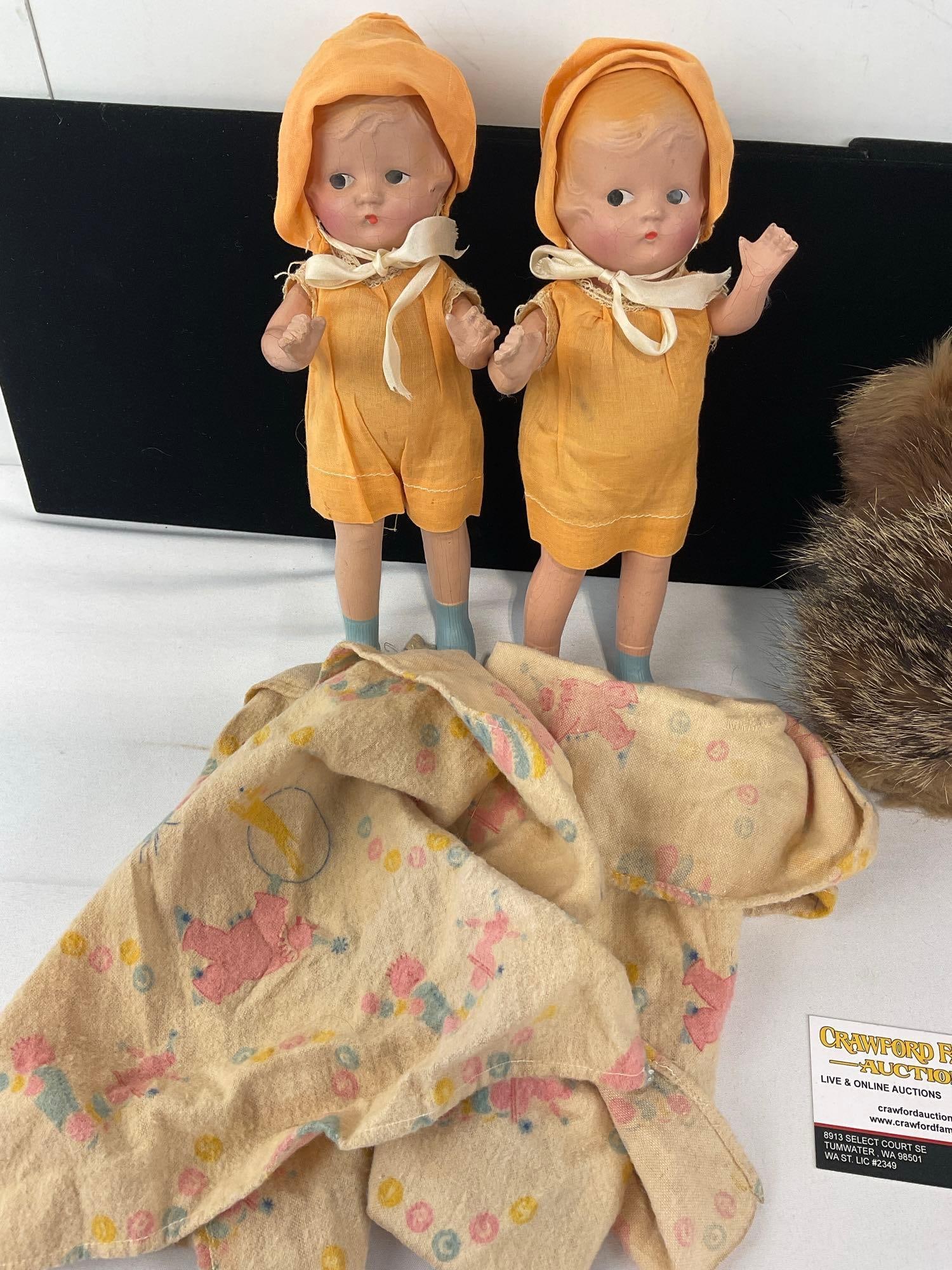 Pair of Composite Baby Dolls, w/Blankets, & Vintage Rabbit/Mohair Fur Dog Toy - 4
