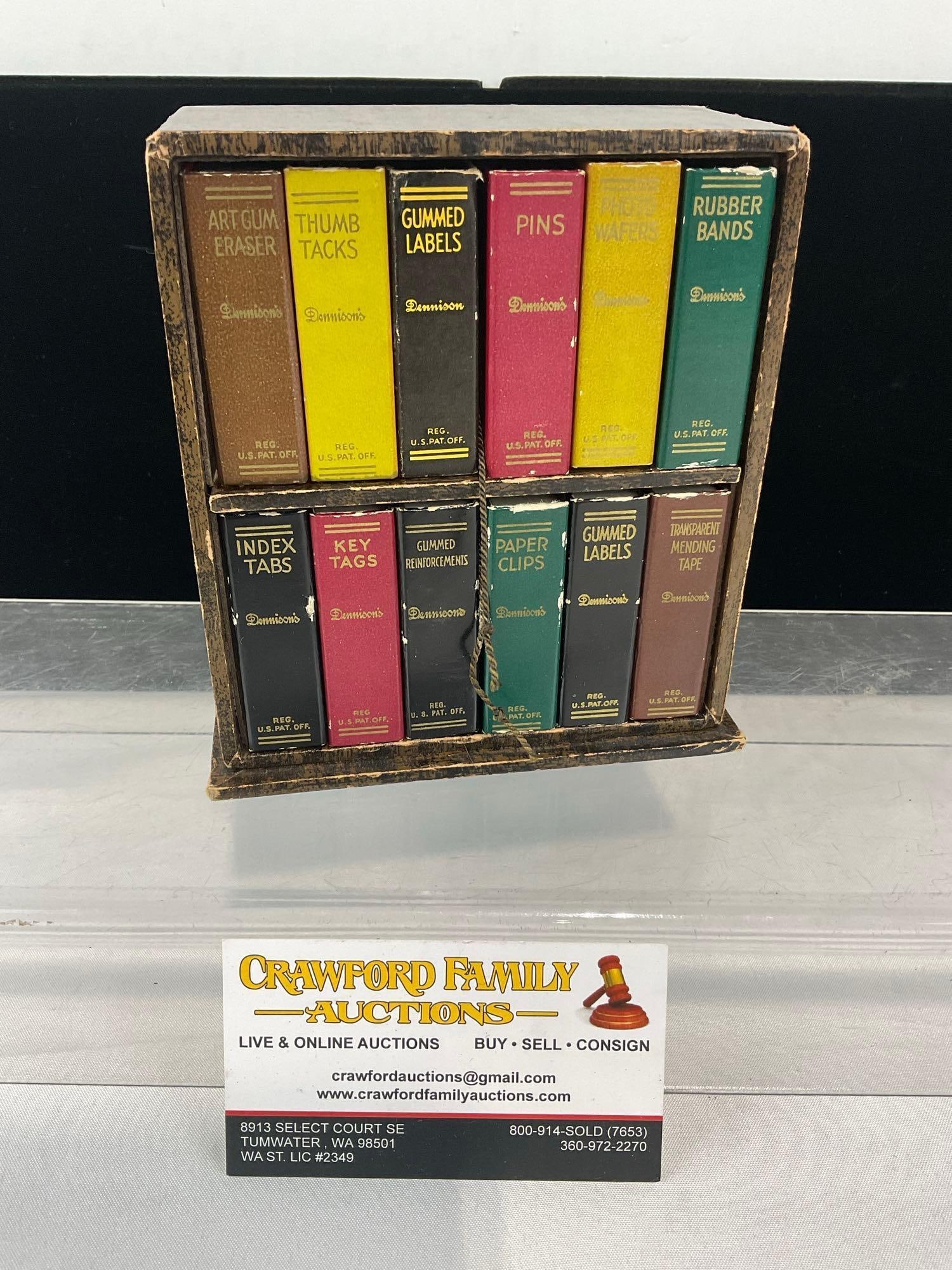 Early 20th Century 1930s-40s Dennisons Miniature Book Desk Organizer, Faux Books, 6x6x3 inches: Appears to be in fair shape, shows wear from storage and use. The piece measures approx 6h x 6w x 3d inches. See pics. E-6610