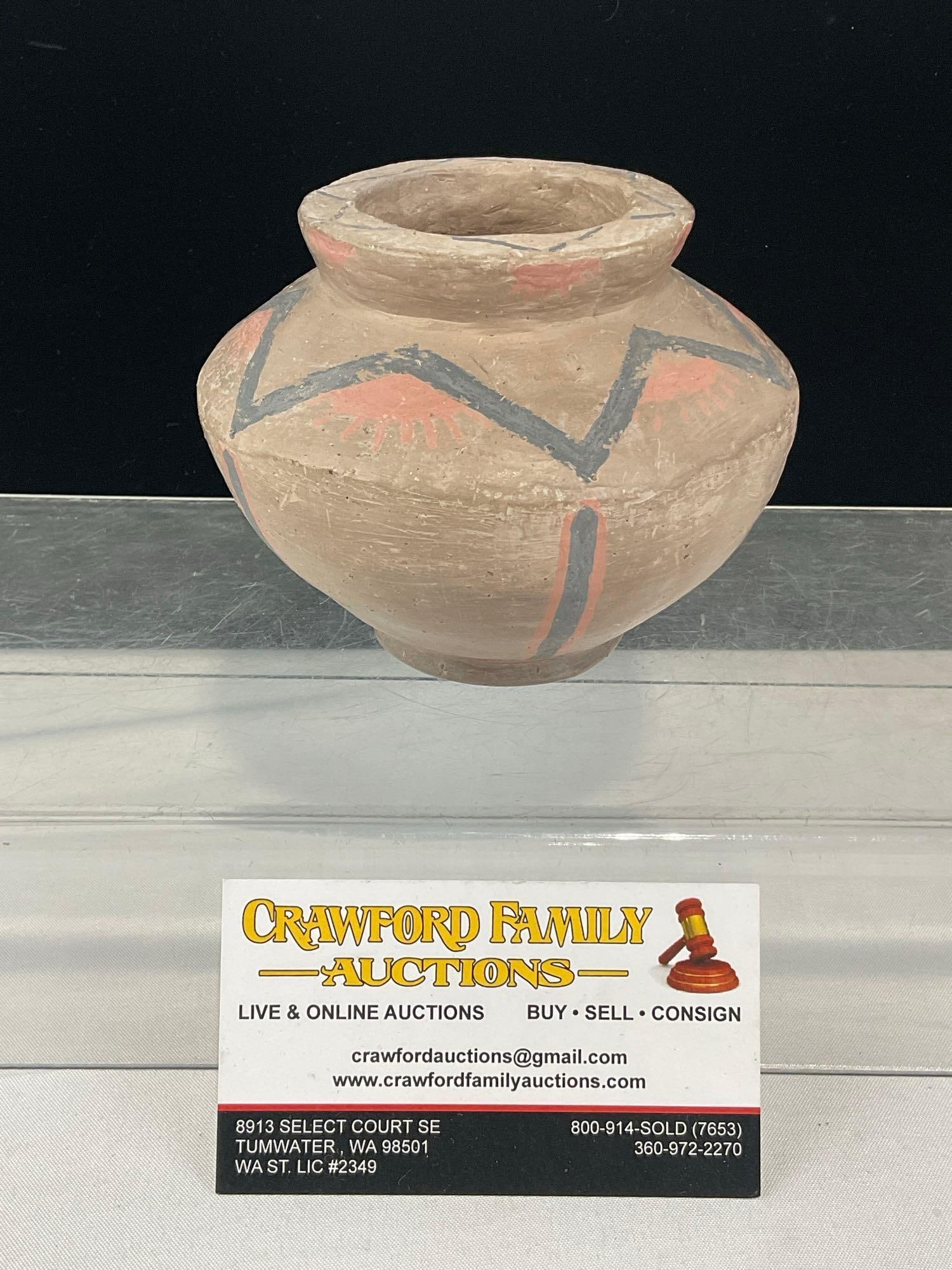 Earthenware Vase, handpainted zigzag motif, 4 inches tall, possibly Native American: Appears to be in fair to good shape, shows some signs of wear. The piece measures approx 5h x 5w x 5d inches. See pics. E-6610