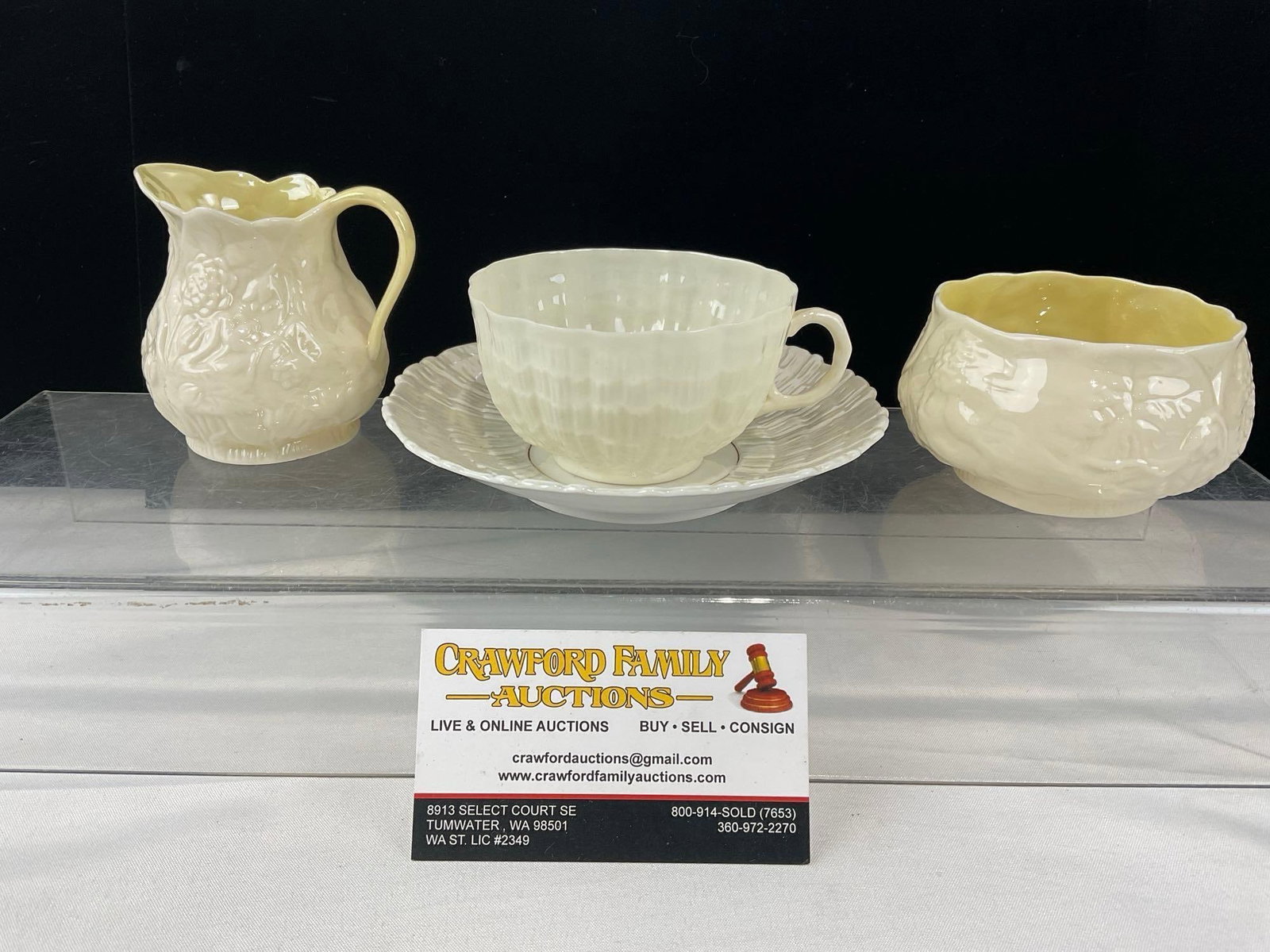 Belleek Antique 2nd Black marked Cup, & saucer, 2x 1950s Sugar & Creamer: Three of the pieces appears to be in good shape. The antique cup seems to be heavily cracked. Could be reinforced. The piece measures approx 4h x 12w x 8d inches. See pics. E-6610