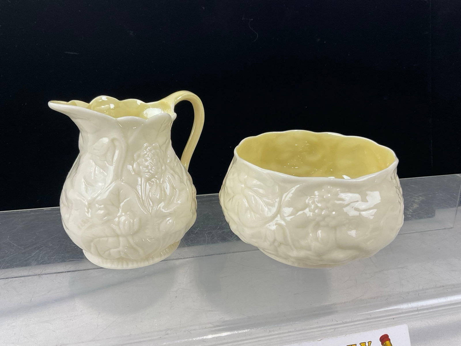 Belleek Antique 2nd Black marked Cup, & saucer, 2x 1950s Sugar & Creamer - 2