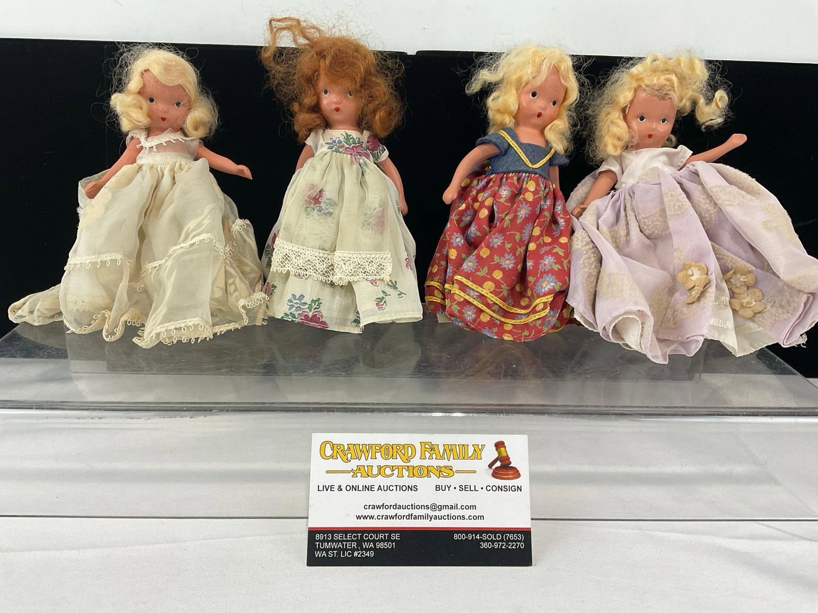4 1940 Nancy Ann Storybook Dolls, 3x Blonde, Redhead, movable arms: Appears to be in good shape. The piece measures approx 7h x 6w x 3d inches. See pics. E-6610