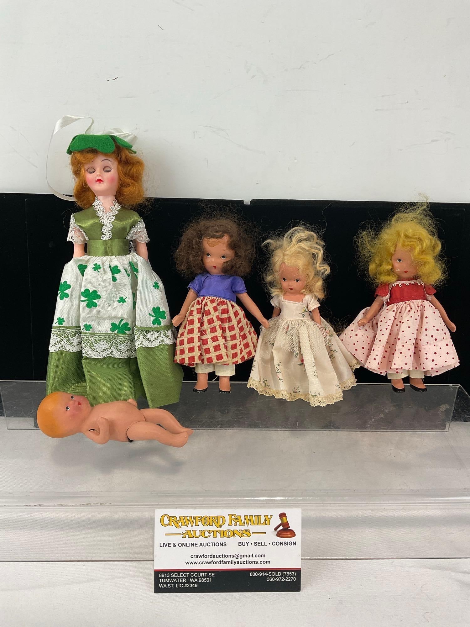 Set of 3 Storybook Girl Dolls, Small Bisque Porcelain Baby & 1970s Souvenir Ireland Doll: Appears to be in good shape. The pieces together measures approx 10h x 5w x 4d inches. See pics. E-6610