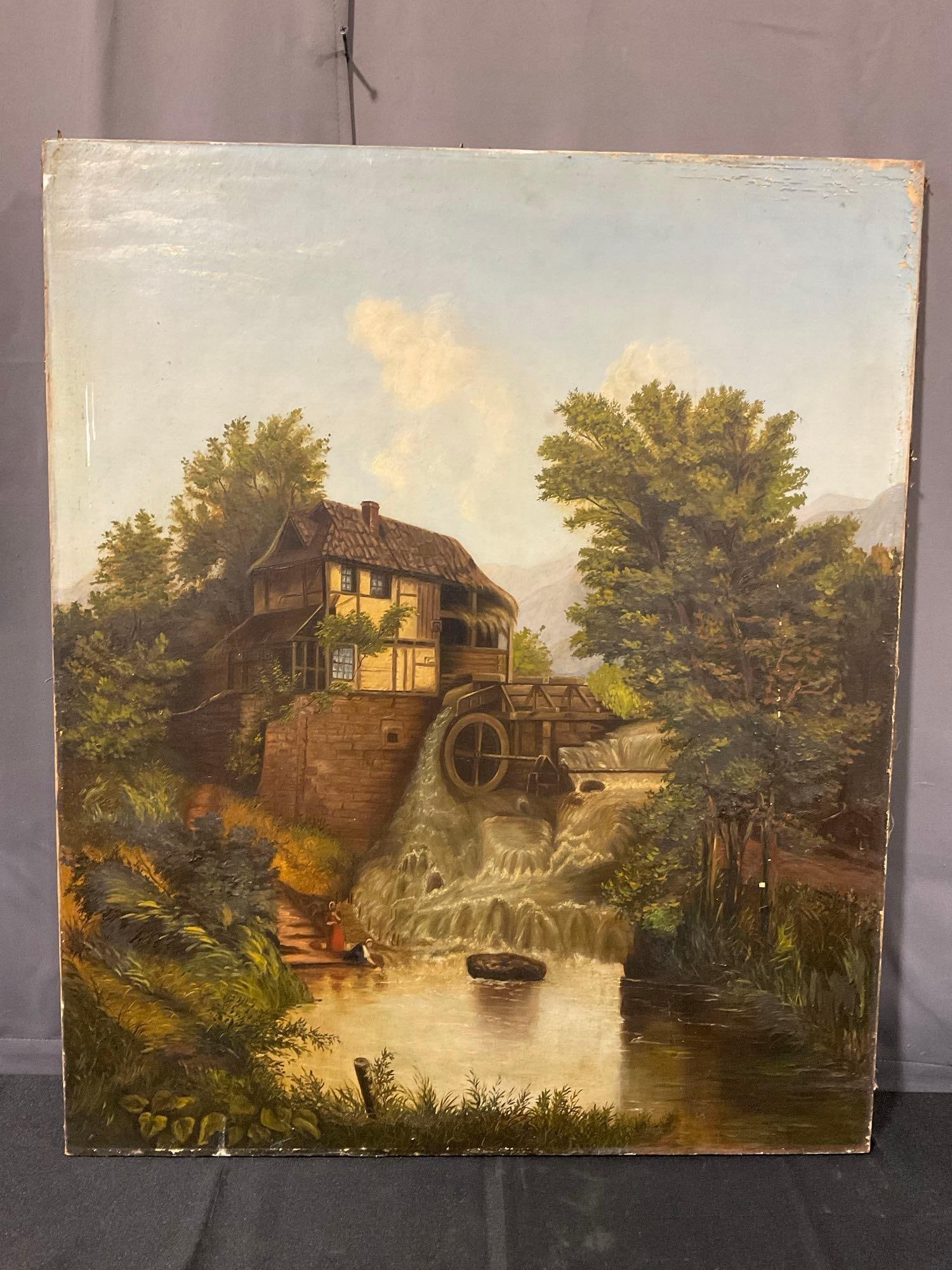 Lovely Antique Oil on Canvas, Riverside Scene w/Water Wheel, 37x31 inches, unframed: Appears to be in fair to good shape, some wear around the edges, from framing, and some further wear w/ some chips. The piece measures approx 37h x 31w x 3d inches. See pics. E-6610