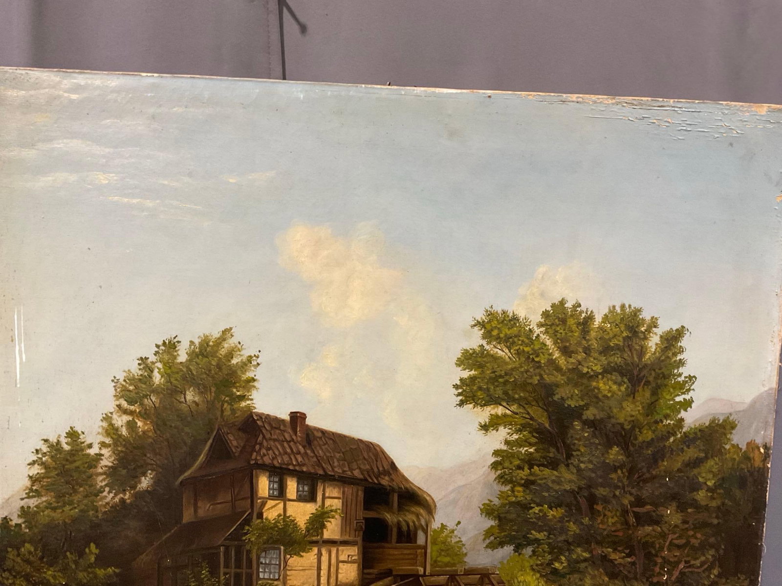 Lovely Antique Oil on Canvas, Riverside Scene w/Water Wheel, 37x31 inches, unframed - 2