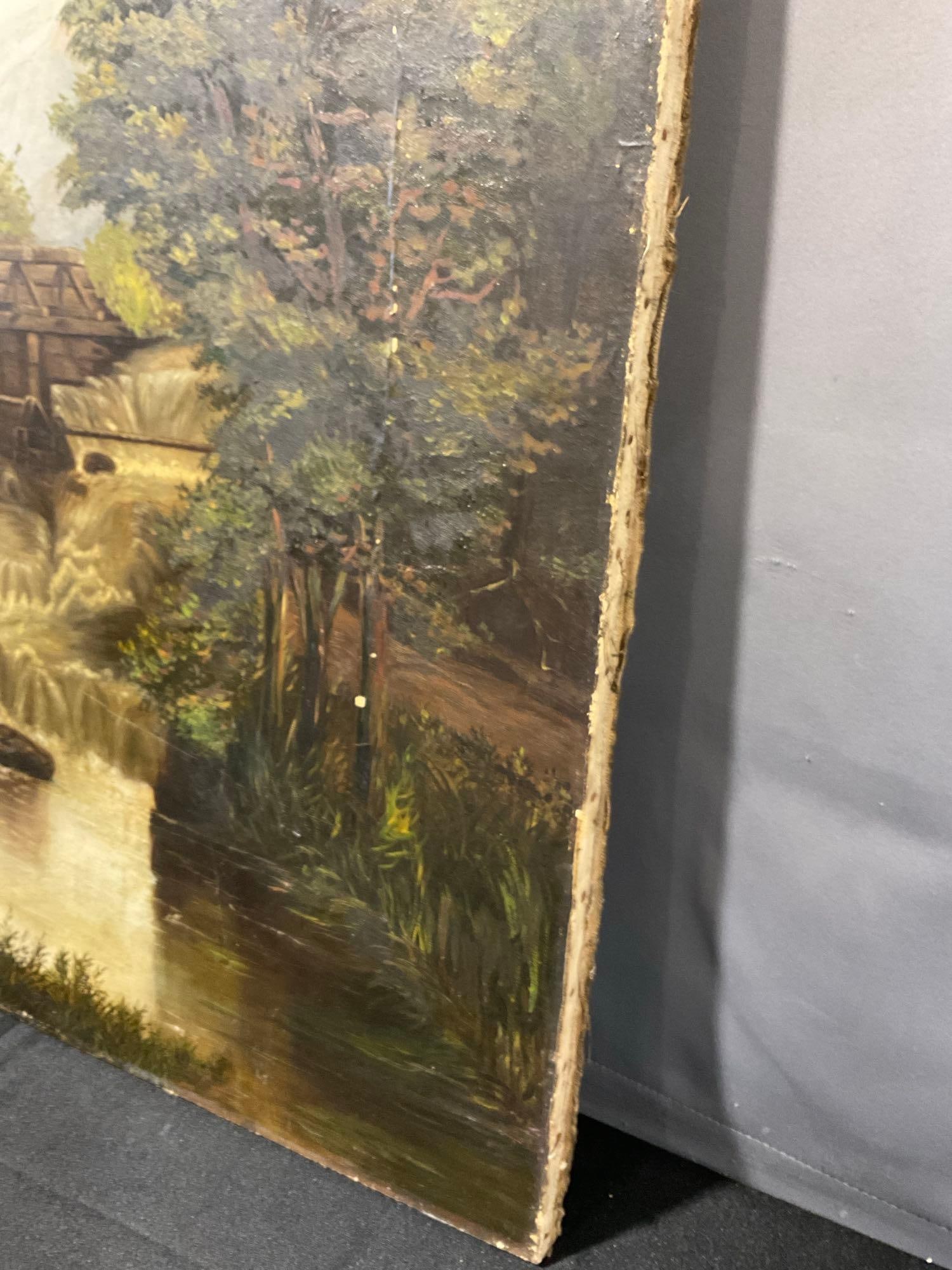 Lovely Antique Oil on Canvas, Riverside Scene w/Water Wheel, 37x31 inches, unframed - 4