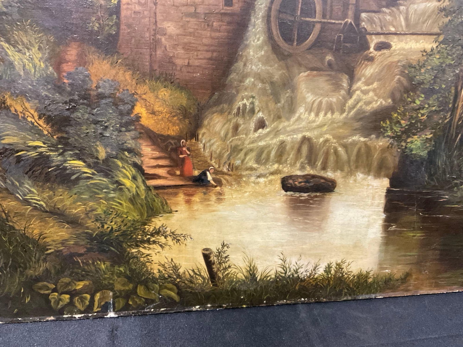 Lovely Antique Oil on Canvas, Riverside Scene w/Water Wheel, 37x31 inches, unframed - 5