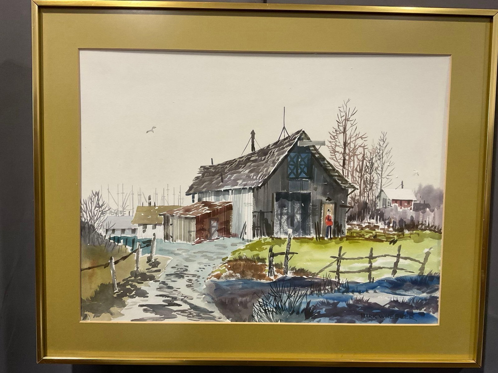 Framed Signed Original Watercolor on Board, Rural Barn Scene by Mark Wheeler, 20x25 inches: Appears to be in good shape. The piece measures approx 20h x 25w x 3d inches. See pics. E-6610