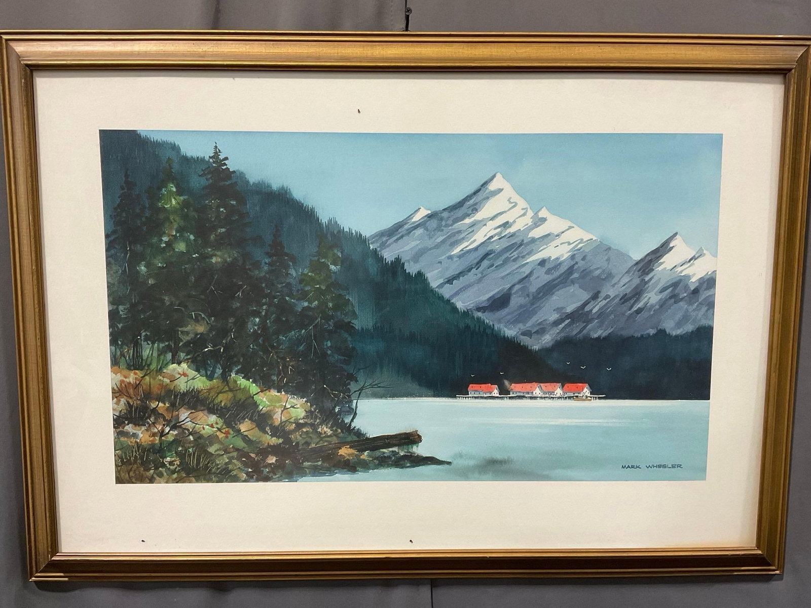 Framed Signed Original Watercolor on Board, Mountain Lake Scene by Mark Wheeler, 24x34 inches: Appears to be in good shape. The piece measures approx 24h x 34w x 3d inches. See pics. E-6610