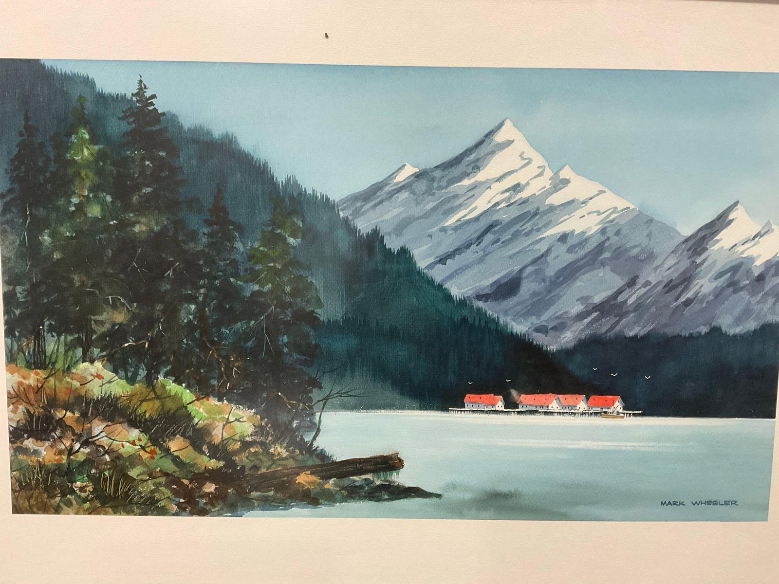 Framed Signed Original Watercolor on Board, Mountain Lake Scene by Mark Wheeler, 24x34 inches - 2