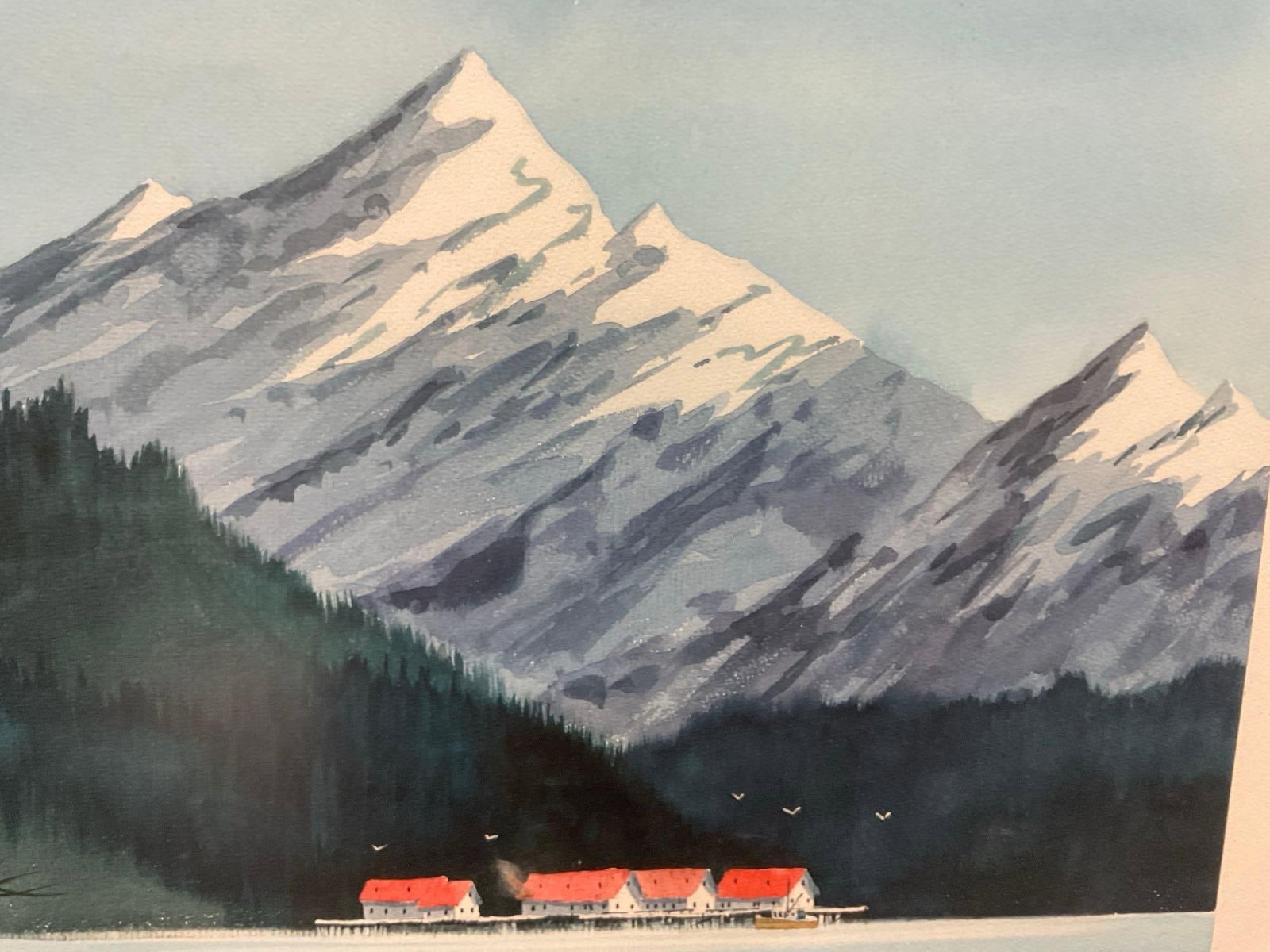Framed Signed Original Watercolor on Board, Mountain Lake Scene by Mark Wheeler, 24x34 inches - 4