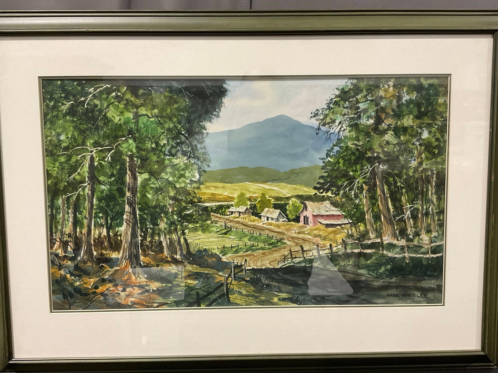 Framed Signed Original Watercolor on Board, Farm Backroad Scene by Mark Wheeler, 24x34 inches: Appears to be in good shape. The piece measures approx 24h x 34w x 3d inches. See pics. E-6610