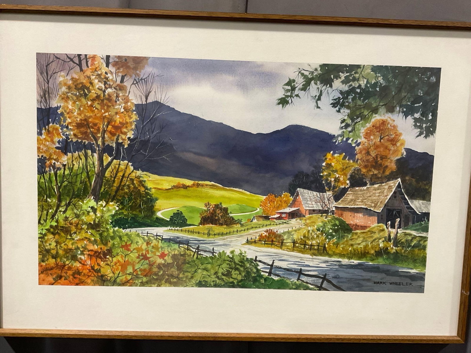 Framed Signed Original Watercolor on Board, Farm Road in the Mountains by Mark Wheeler, 22x32 inc...: Appears to be in good shape. The piece measures approx 22h x 32w x 4d inches. See pics. E-6610