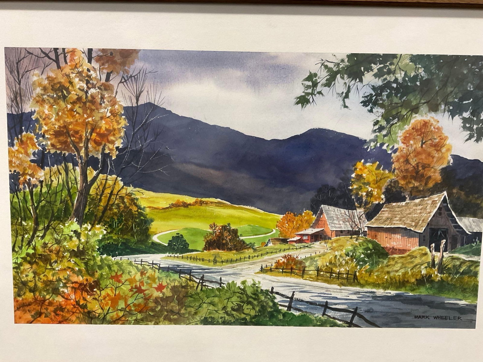 Framed Signed Original Watercolor on Board, Farm Road in the Mountains by Mark Wheeler, 22x32 inc... - 2