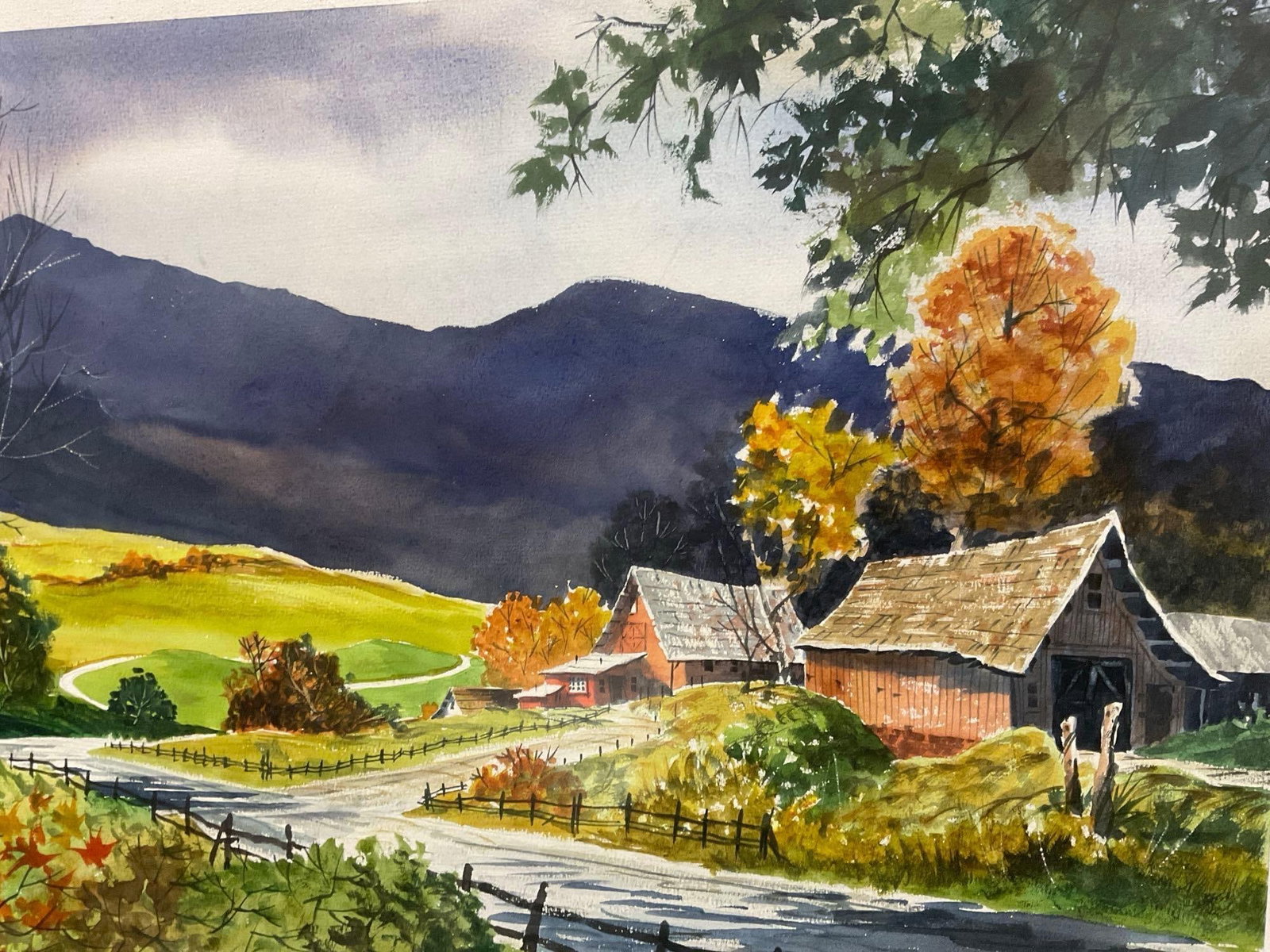 Framed Signed Original Watercolor on Board, Farm Road in the Mountains by Mark Wheeler, 22x32 inc... - 4