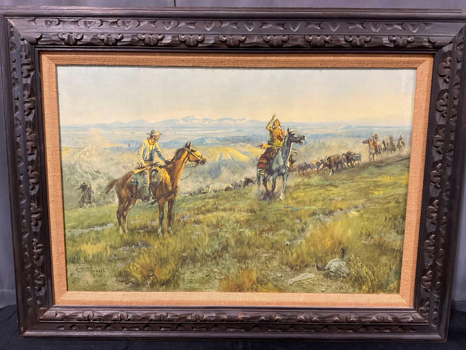 Framed Vintage Litho of Toll Collectors by Charles M. Russell (1865-1926), 30x39 inches: Appears to be in good shape. The piece measures approx 30h x 39w x 3d inches. See pics. E-6610