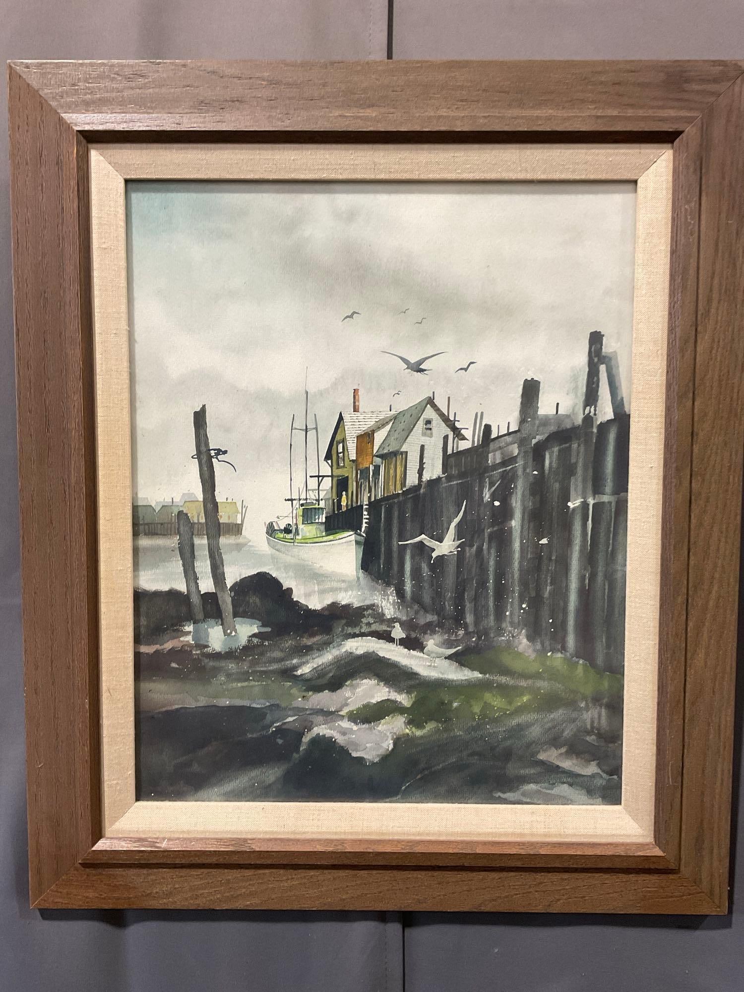 Framed Vintage Watercolor Painting, Dock Pilings, Harbor Scene, Drab Grey w/Ocean Spray, 27x23 inch: Appears to be in good shape. The piece measures approx 27h x 23w x 3d inches. See pics. E-6610