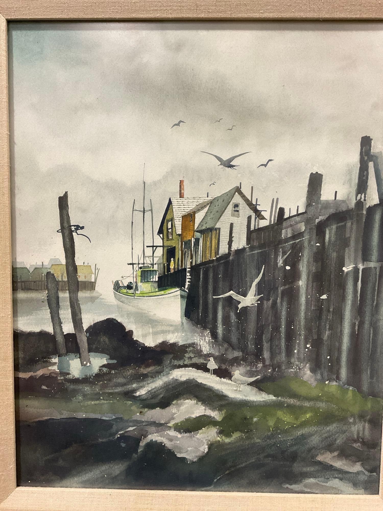 Framed Vintage Watercolor Painting, Dock Pilings, Harbor Scene, Drab Grey w/Ocean Spray, 27x23 inch - 2