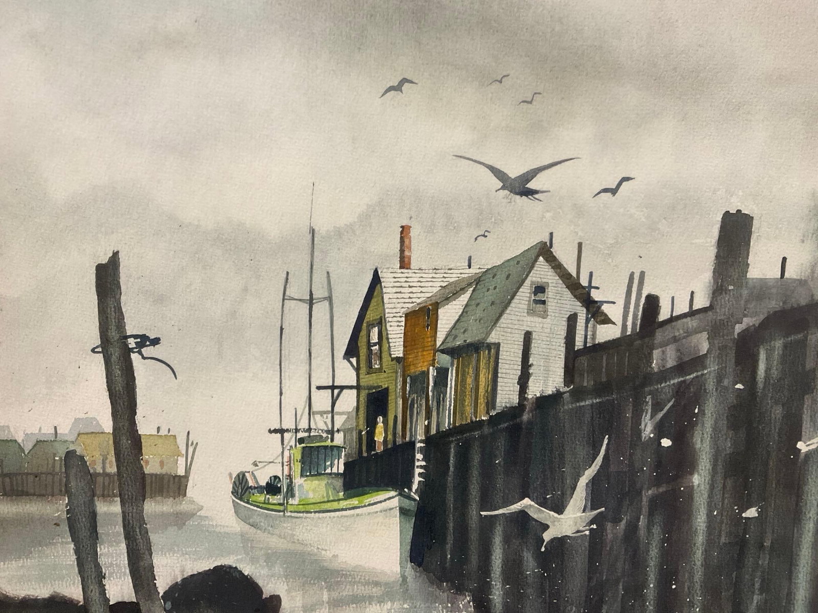 Framed Vintage Watercolor Painting, Dock Pilings, Harbor Scene, Drab Grey w/Ocean Spray, 27x23 inch - 3