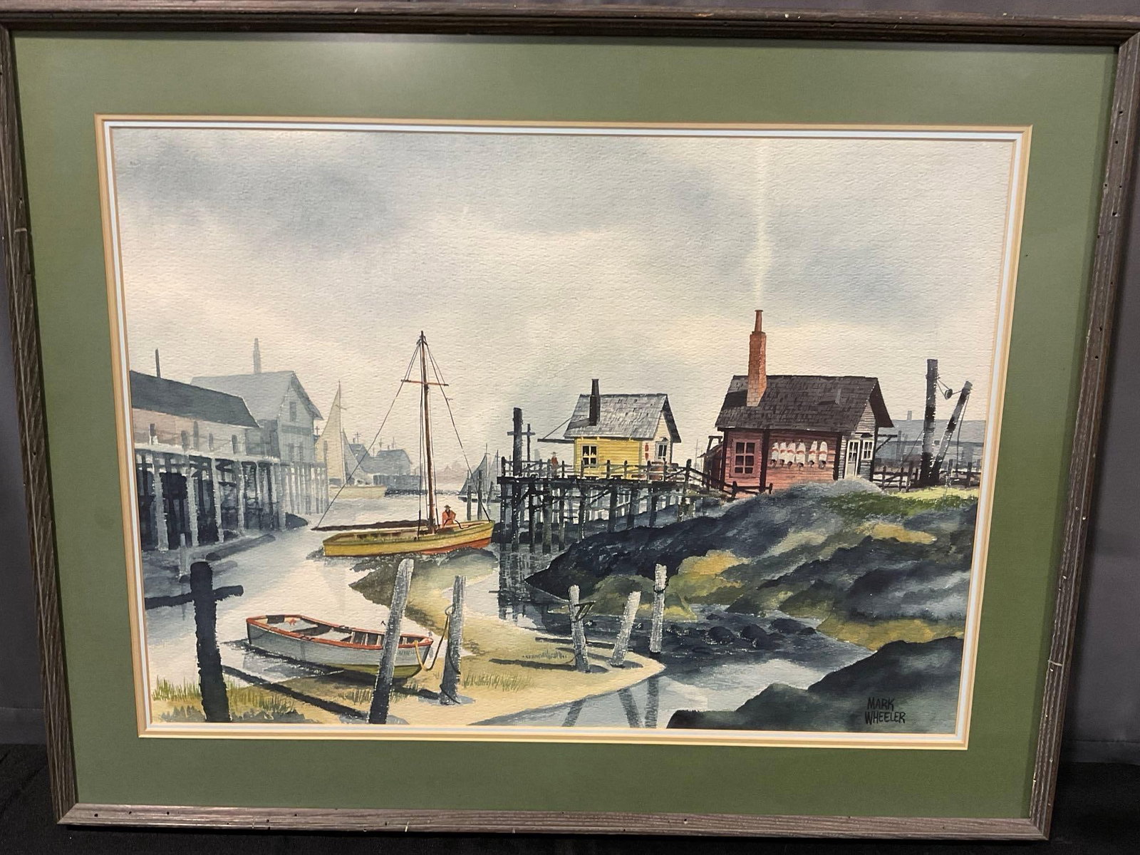 Framed Signed Original Watercolor on Board, Docks & Fisheries Scene by Mark Wheeler, 29x37 inches: Appears to be in good shape. The piece measures approx 29h x 37w x 3d inches. See pics. E-6610