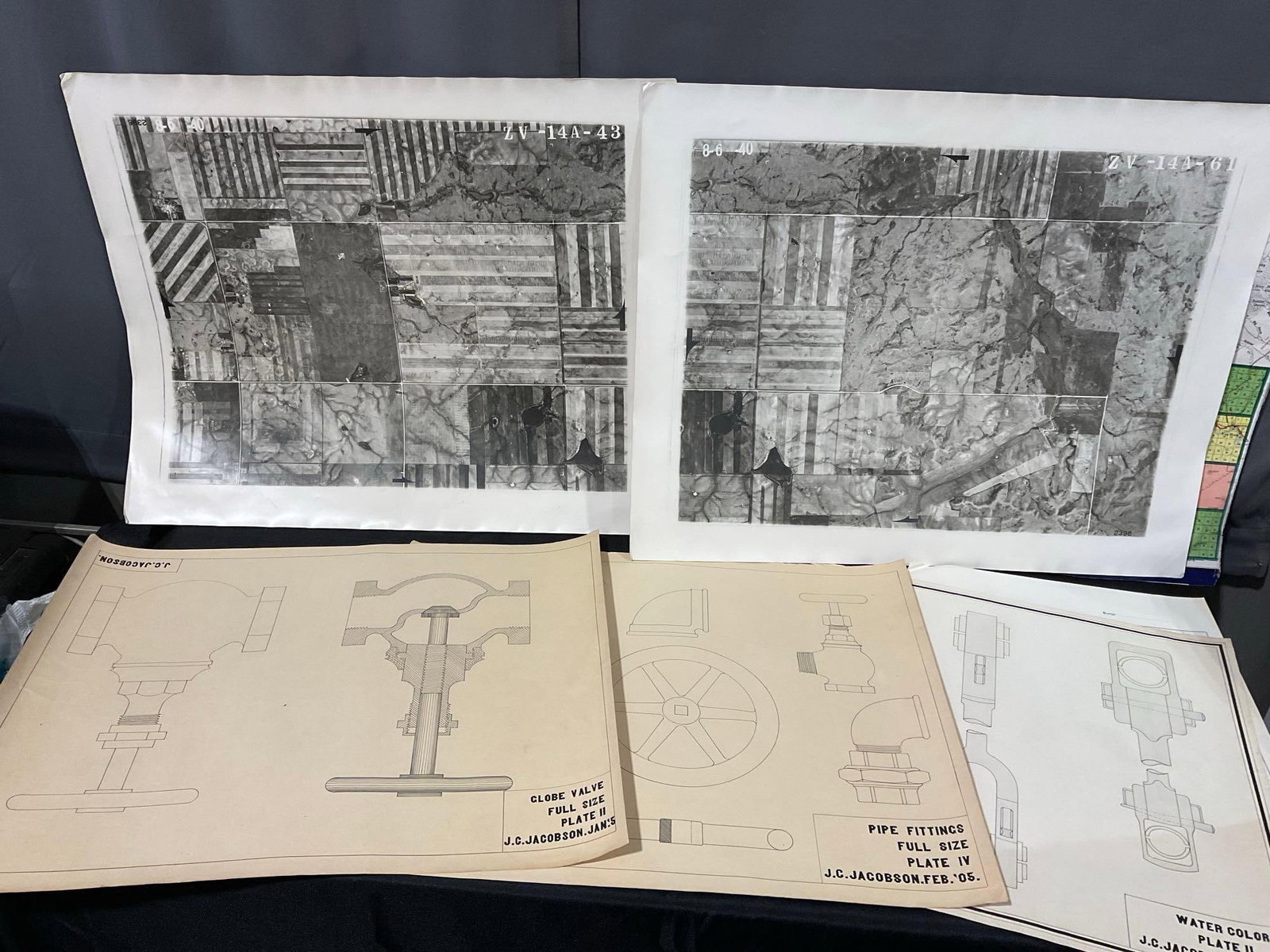 Pair of Blown up Airplane Photographs, & 3 diagrams of Valves, & Fittings, approx 29x24 inches: Appears to be in good shape. The piece measures approx 29h x 24w x 3d inches. See pics. E-6610