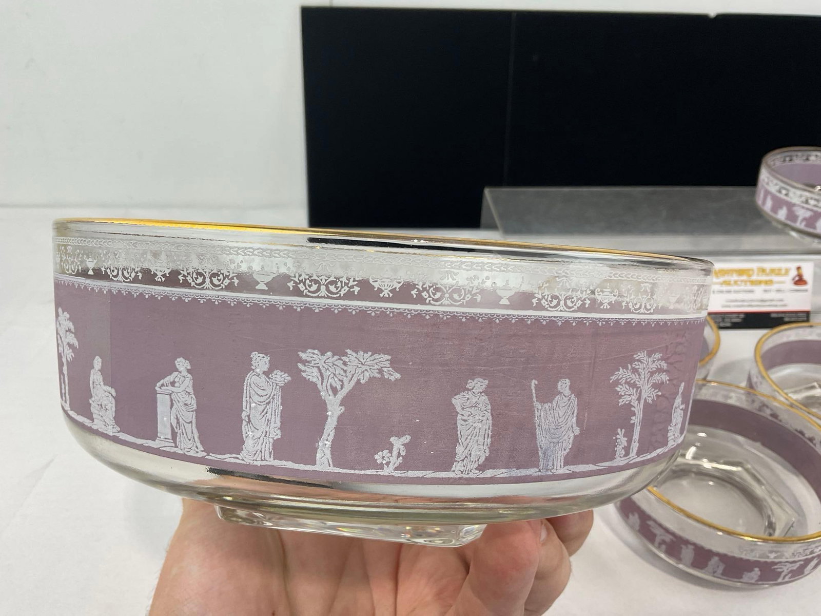 Vintage Mid Century Jeannette Serving & 5x Berry Bowls, Hellenic Purple Pattern, Jasperware style - 2