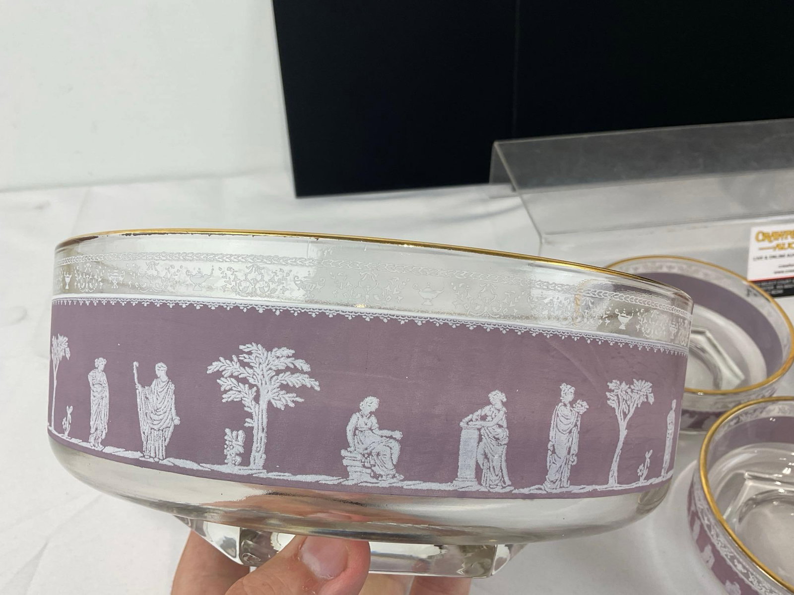 Vintage Mid Century Jeannette Serving & 5x Berry Bowls, Hellenic Purple Pattern, Jasperware style - 3