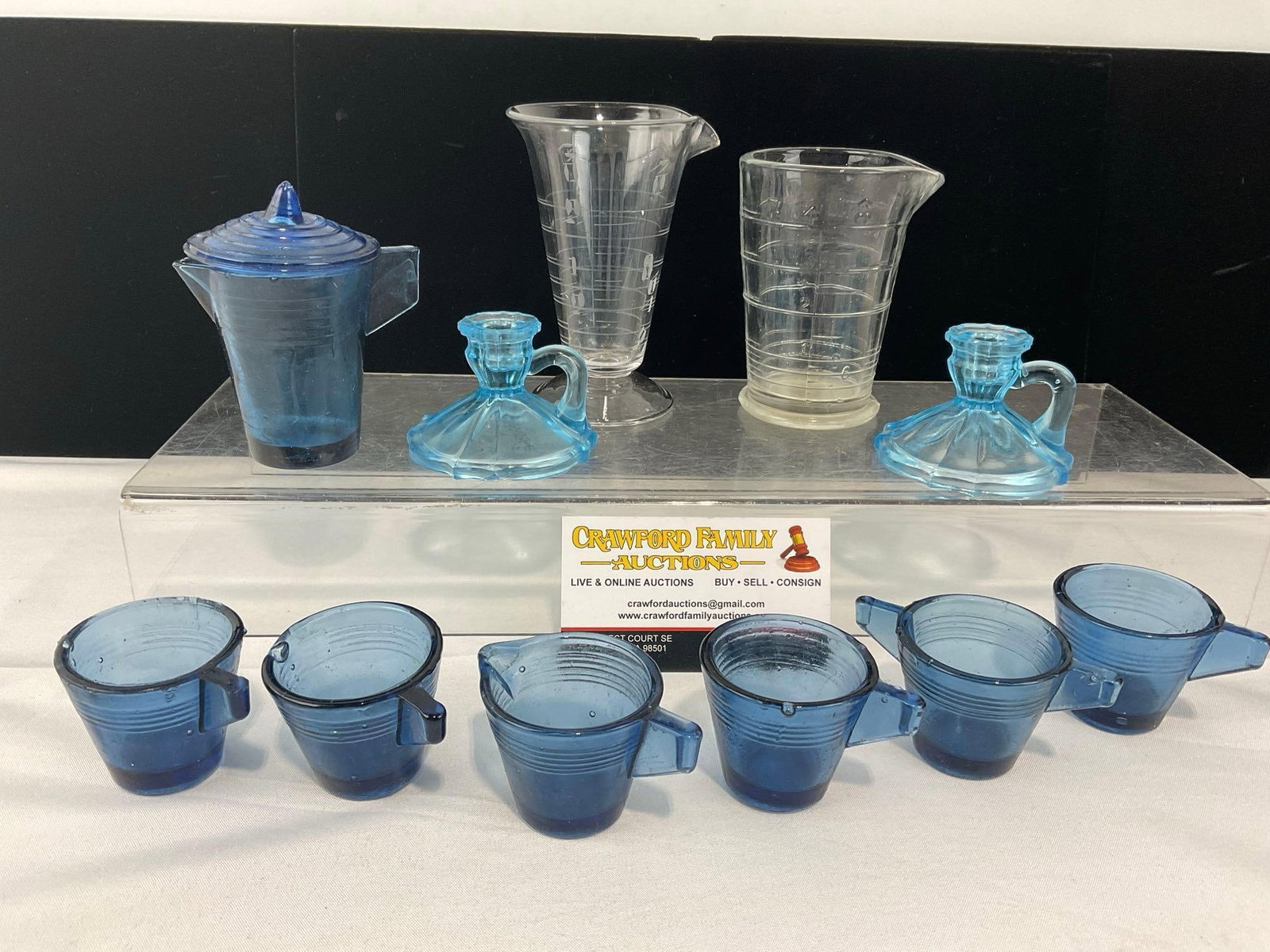 Antique Kodak Eastman Co Glass, & 7 Akro Childrens Cobalt Glasses & Pair of Mini Candlestick Hold...: Appears to be in good shape, some very unique pieces, shows lots of bubbling in the old style glass techniques. The piece measures approx 7h x 12w x 9d inches. See pics. E-6610