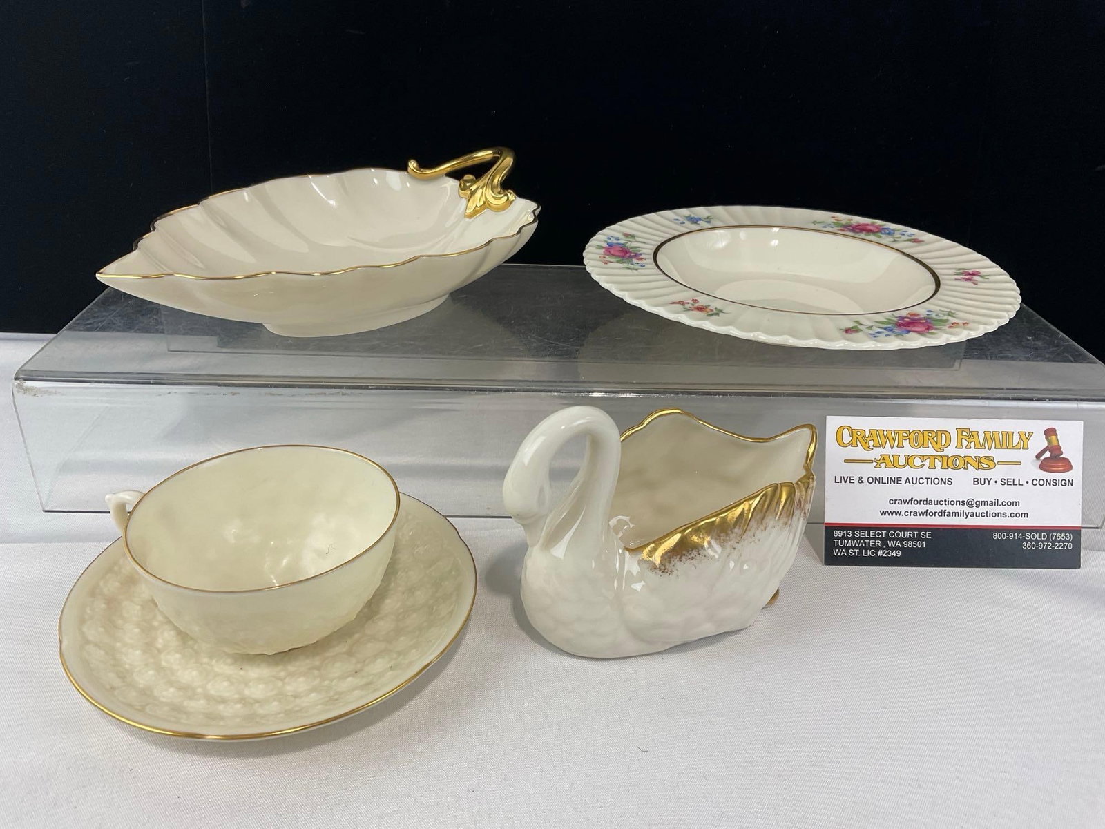 Lenox Leaf Shaped Bowl, Swan, Plate & Cup/Saucer, (Reproduction of the 1st piece): Appears to be in good shape. The piece measures approx 5h x 8w x 7d inches. See pics. E-6610