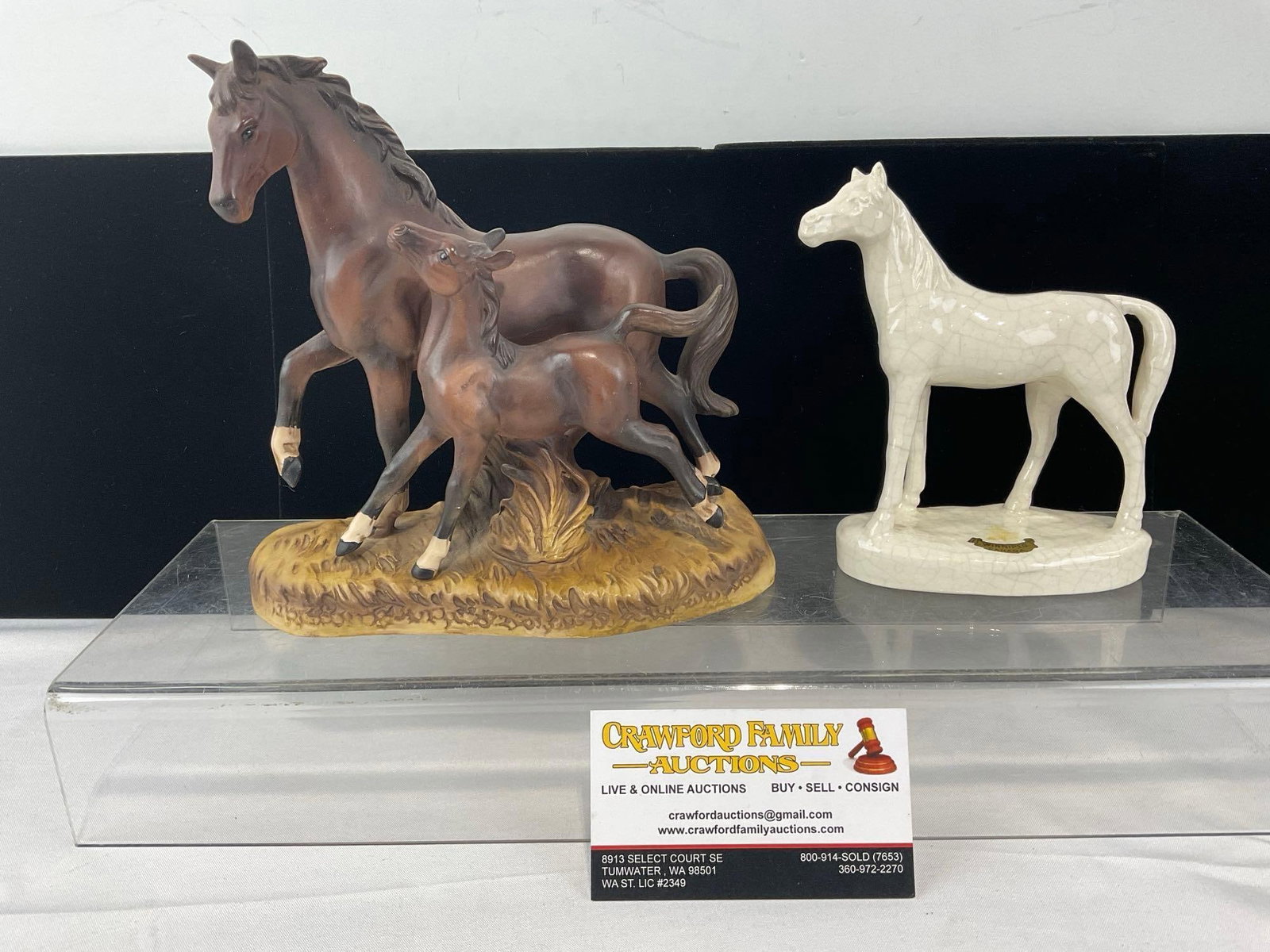 Pair of Horse Figures, German Crackle-Glazed White Porcelain & Brown Satin Glaze: One marked 1983 Epcot, Thoroughbred. Appears to be in good shape. The piece measures approx 8h x 8w x 6d inches. See pics. E-6610