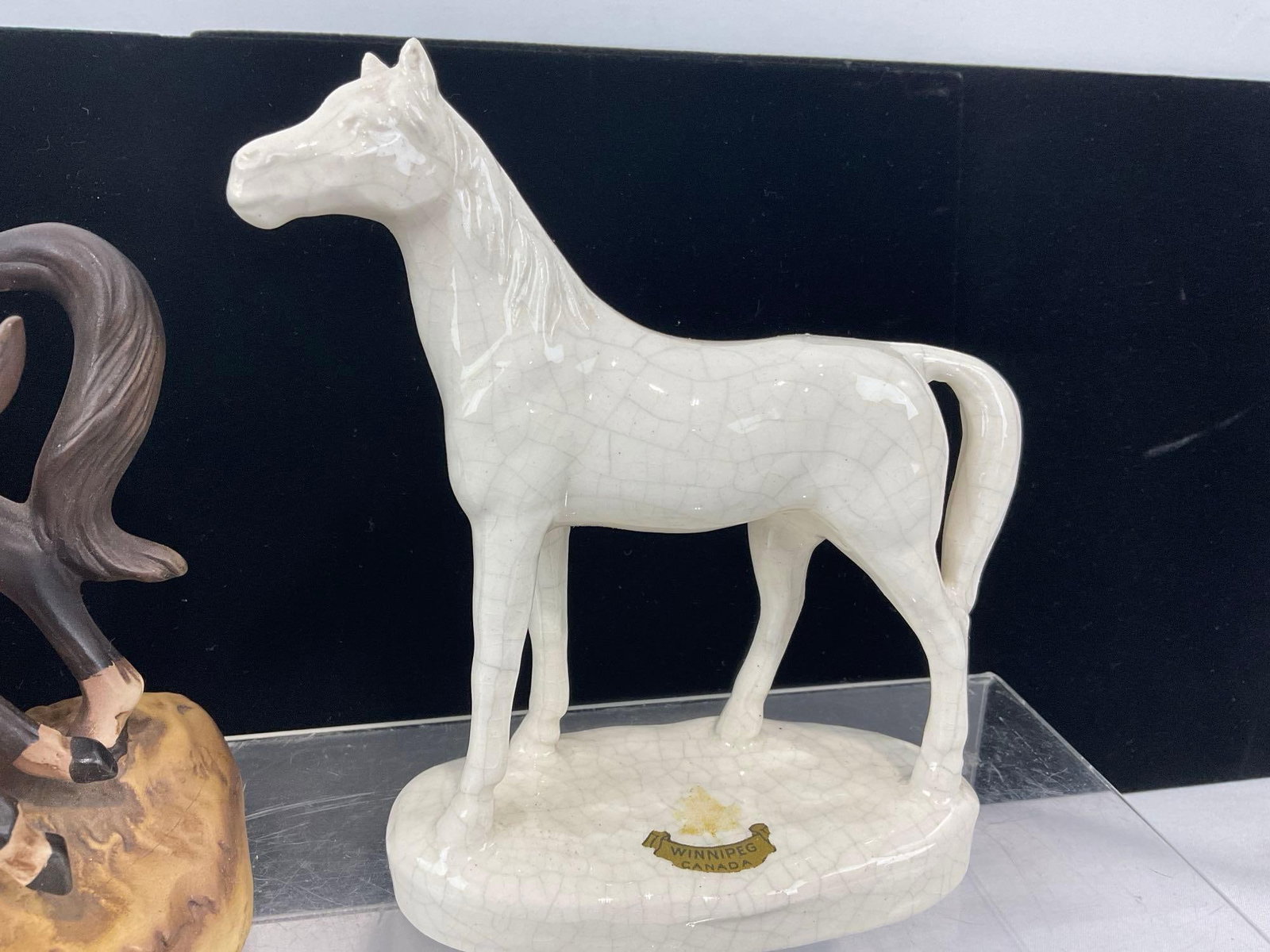 Pair of Horse Figures, German Crackle-Glazed White Porcelain & Brown Satin Glaze - 2