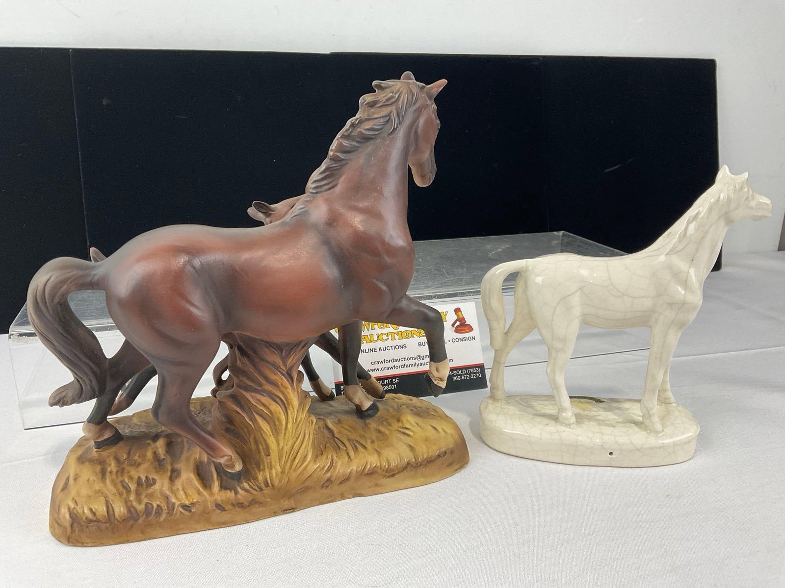 Pair of Horse Figures, German Crackle-Glazed White Porcelain & Brown Satin Glaze - 4