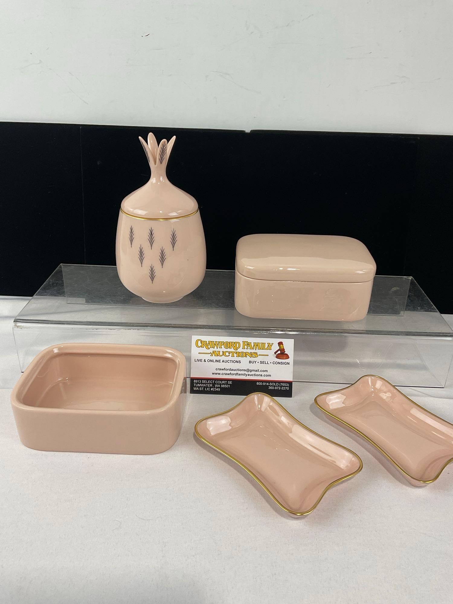 Lenox Pink Sugar Bowl w/Lid, 2x Trinket Boxes w/1 lid, 2x Flared Rectangle Dishes: Appears to be in good shape. The piece measures approx 8h x 6w x 6d inches. See pics. E-6610